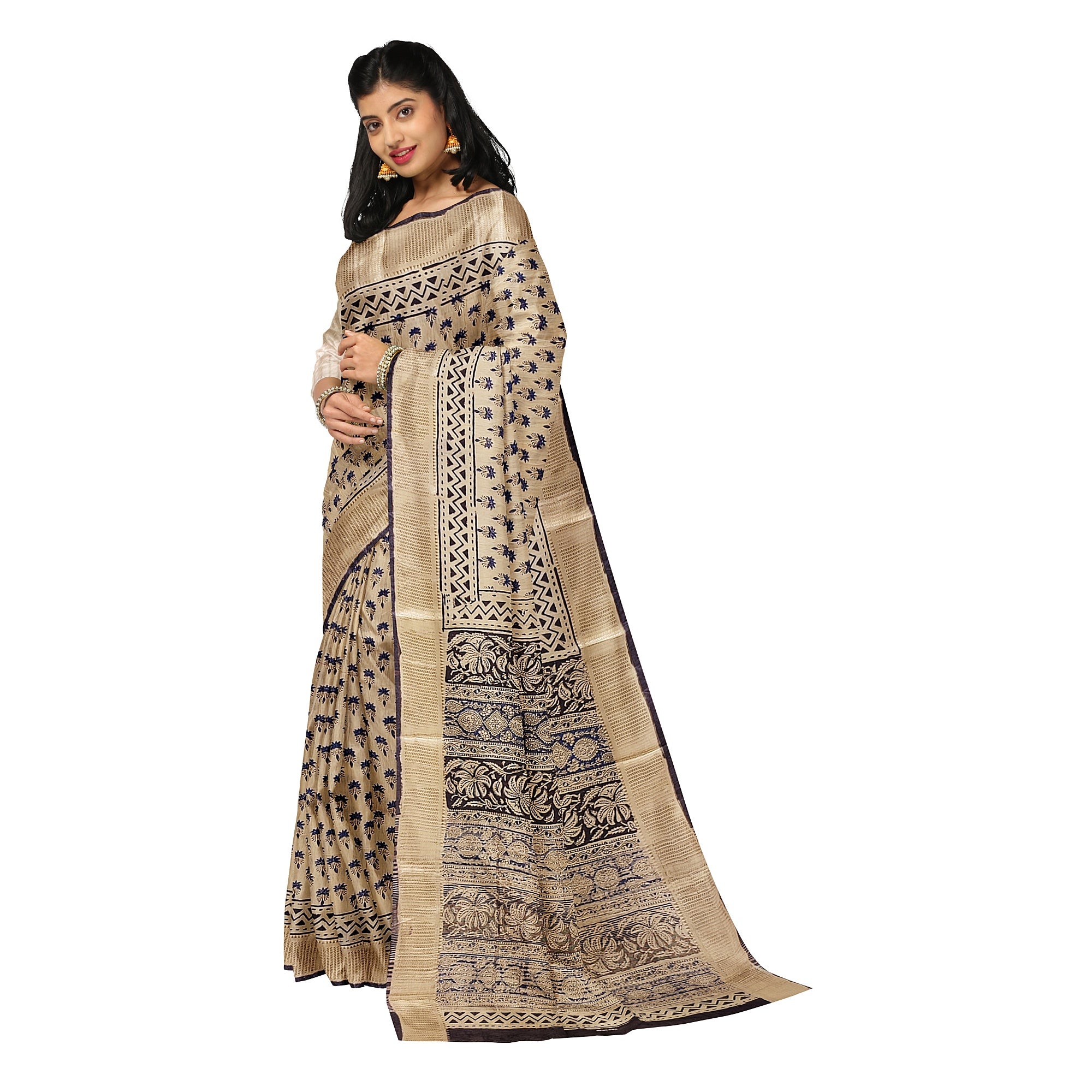 Cream Saree – Blue Printed Design – Shop Online