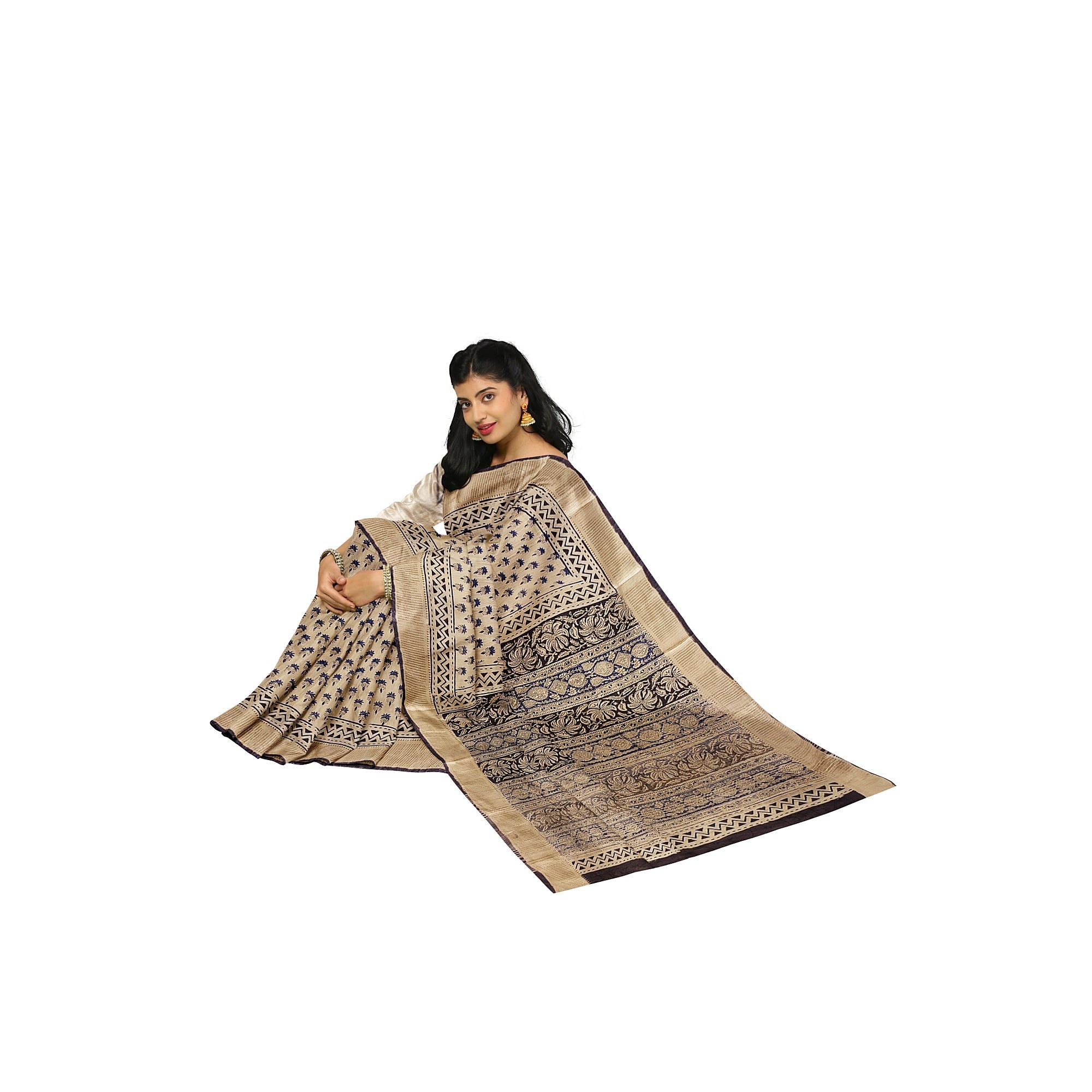 Cream Saree – Blue Printed Design – Shop Online