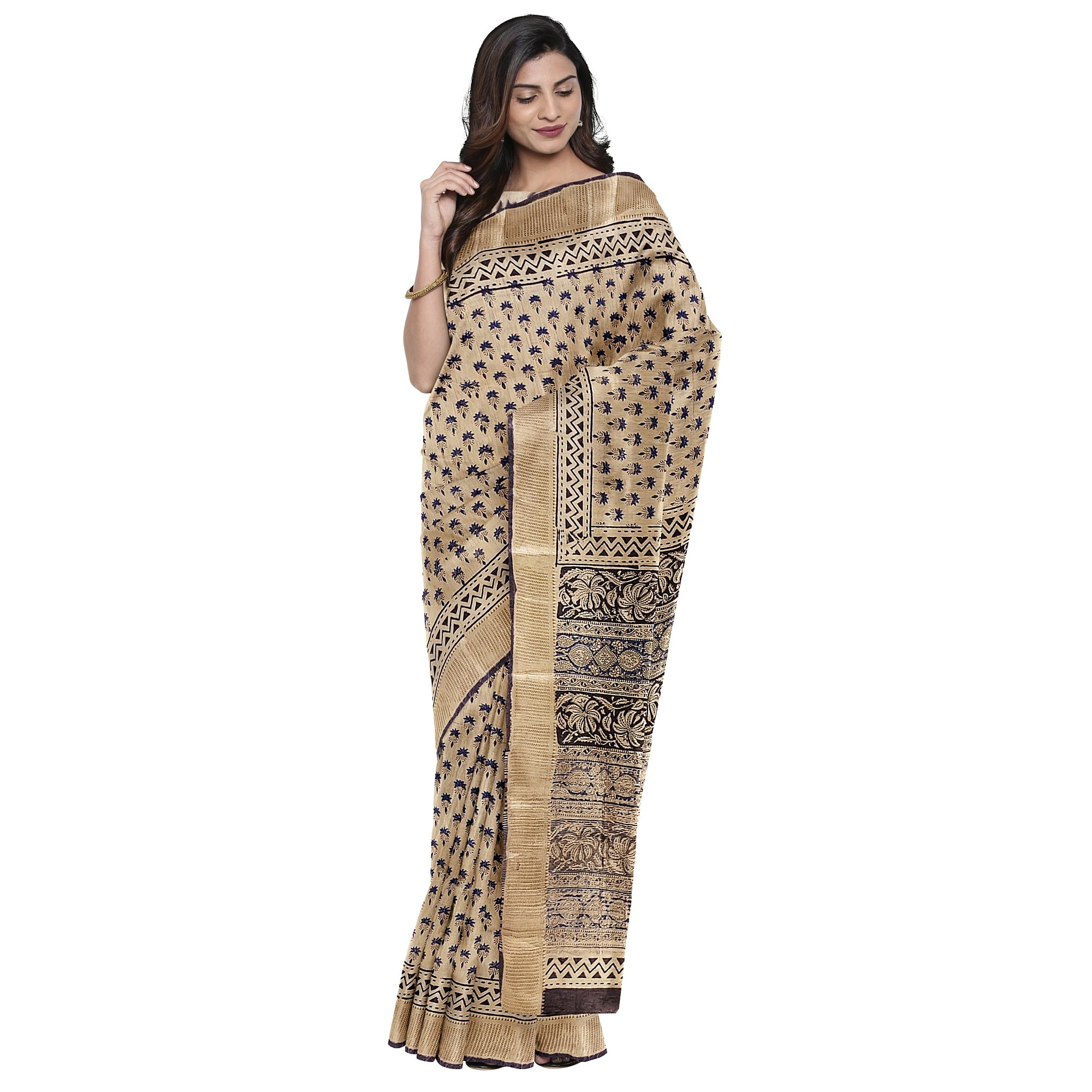 Cream Saree – Blue Printed Design – Shop Online
