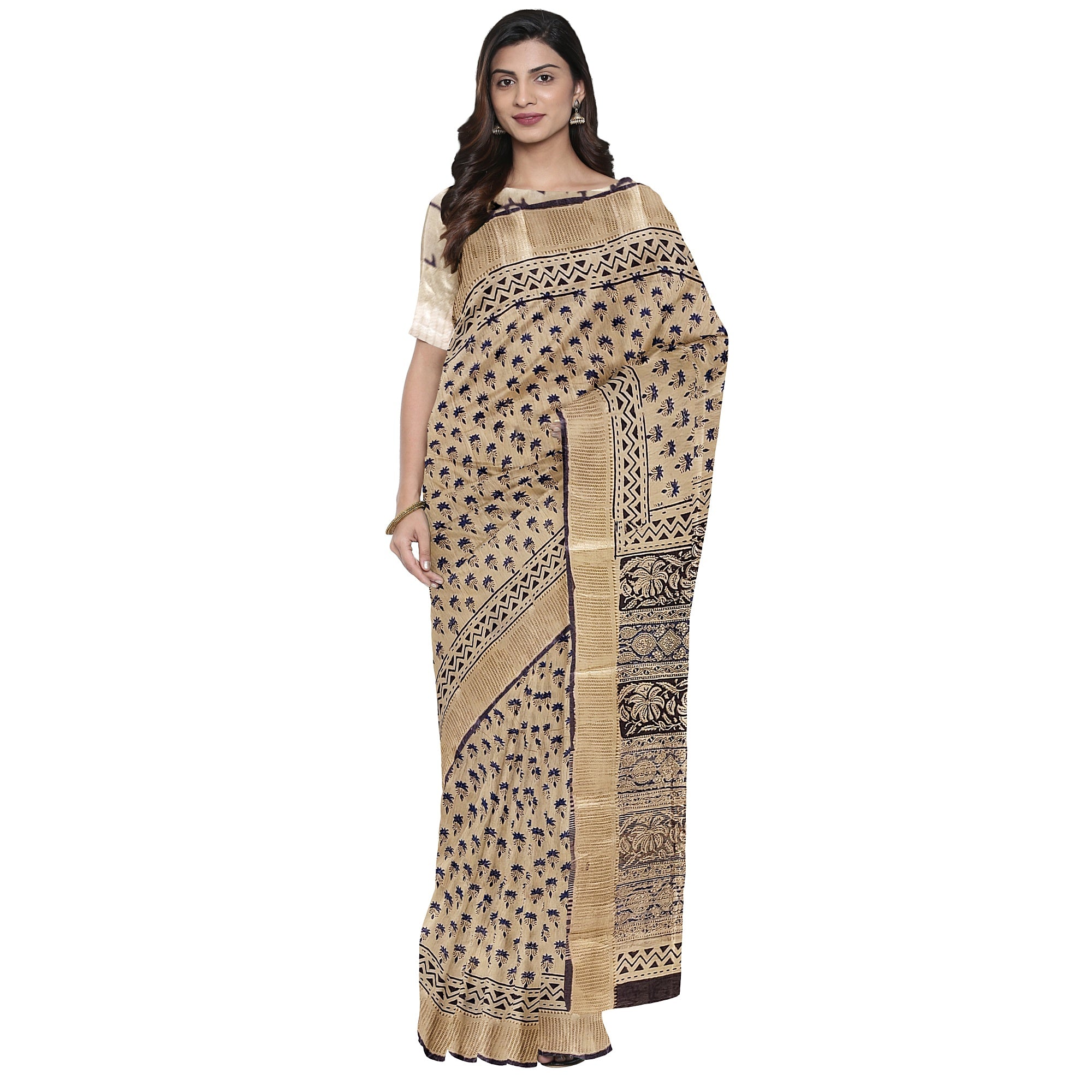 Cream Saree – Blue Printed Design – Shop Online