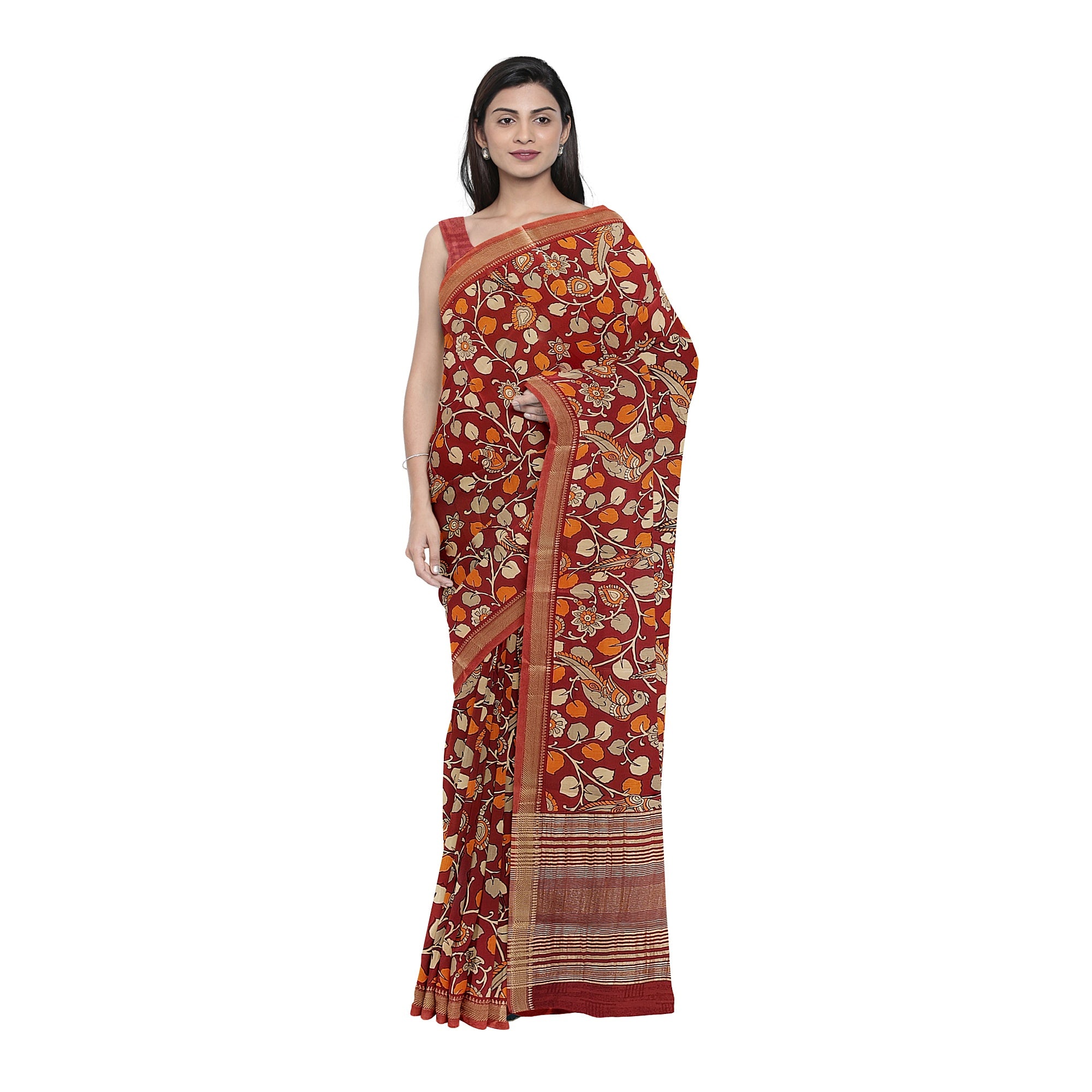 Brown Printed Peacock Saree – Peacock Butta – Shop Online