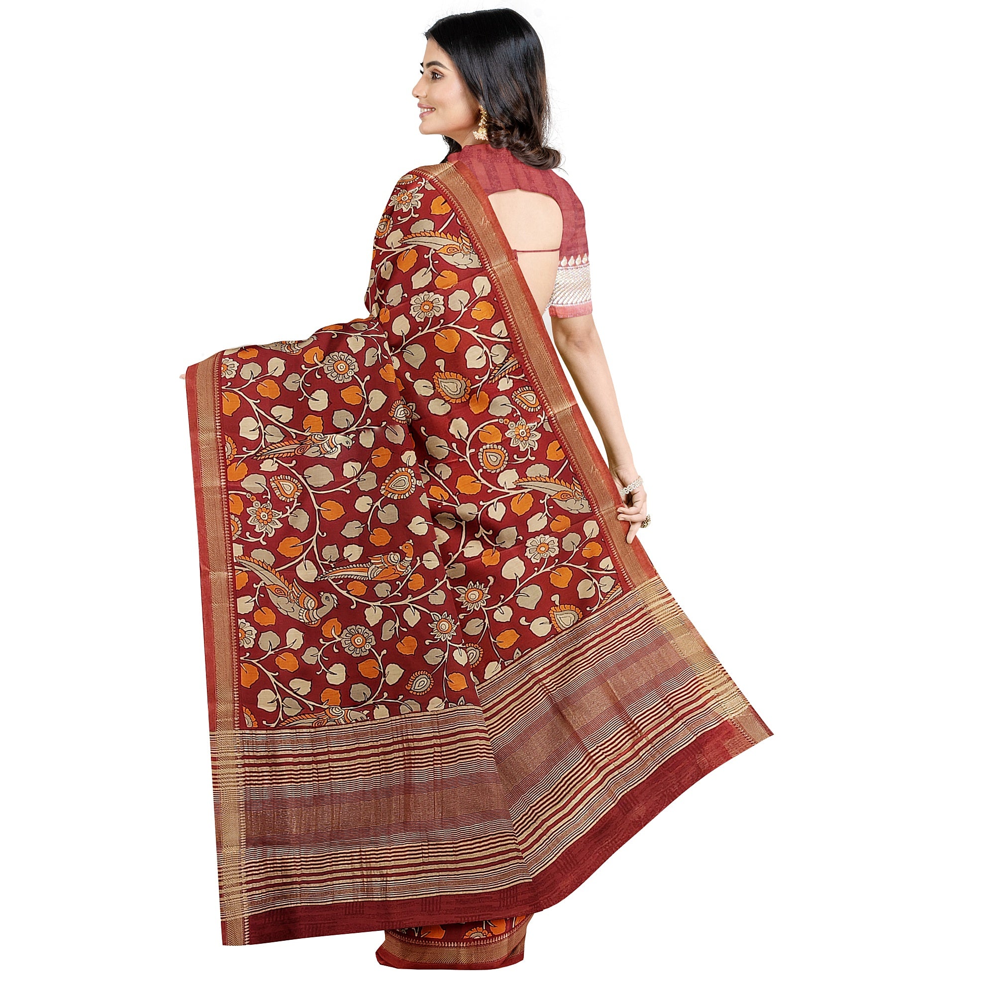 Brown Printed Peacock Saree – Peacock Butta – Shop Online