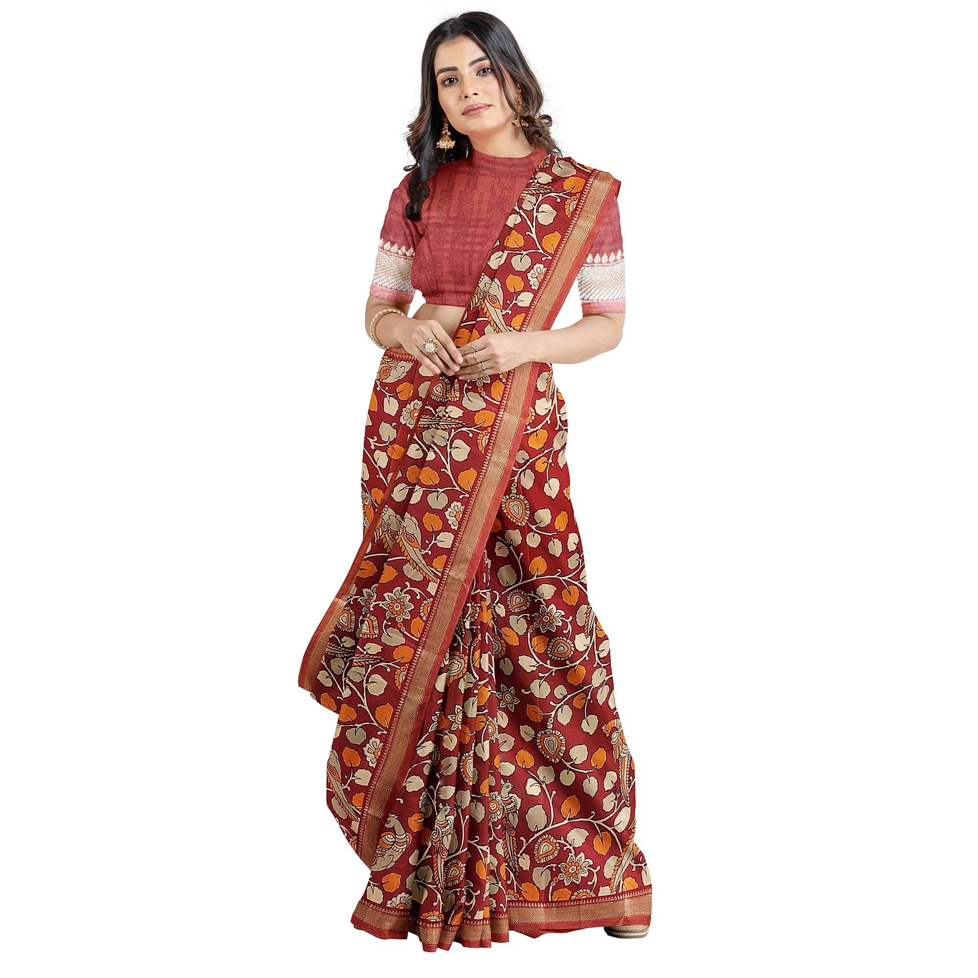 Brown Printed Peacock Saree – Peacock Butta – Shop Online