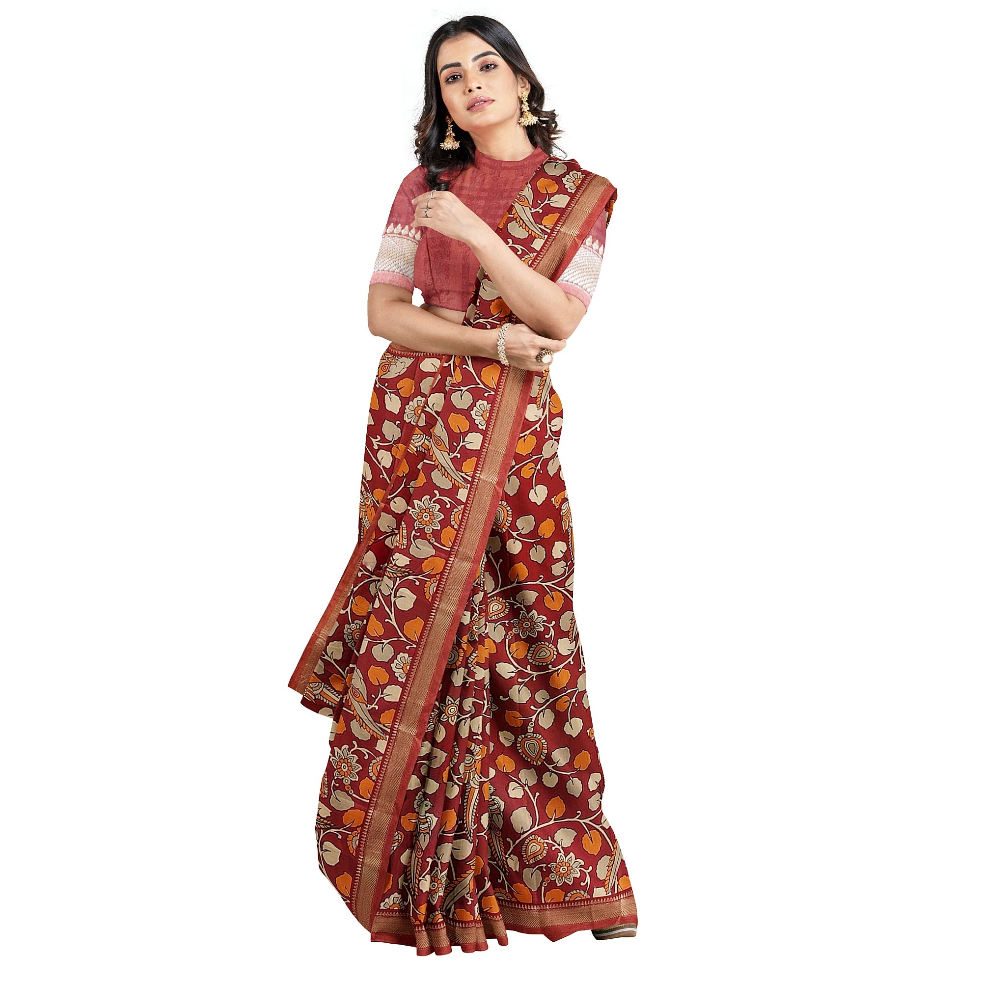 Brown Printed Peacock Saree – Peacock Butta – Shop Online