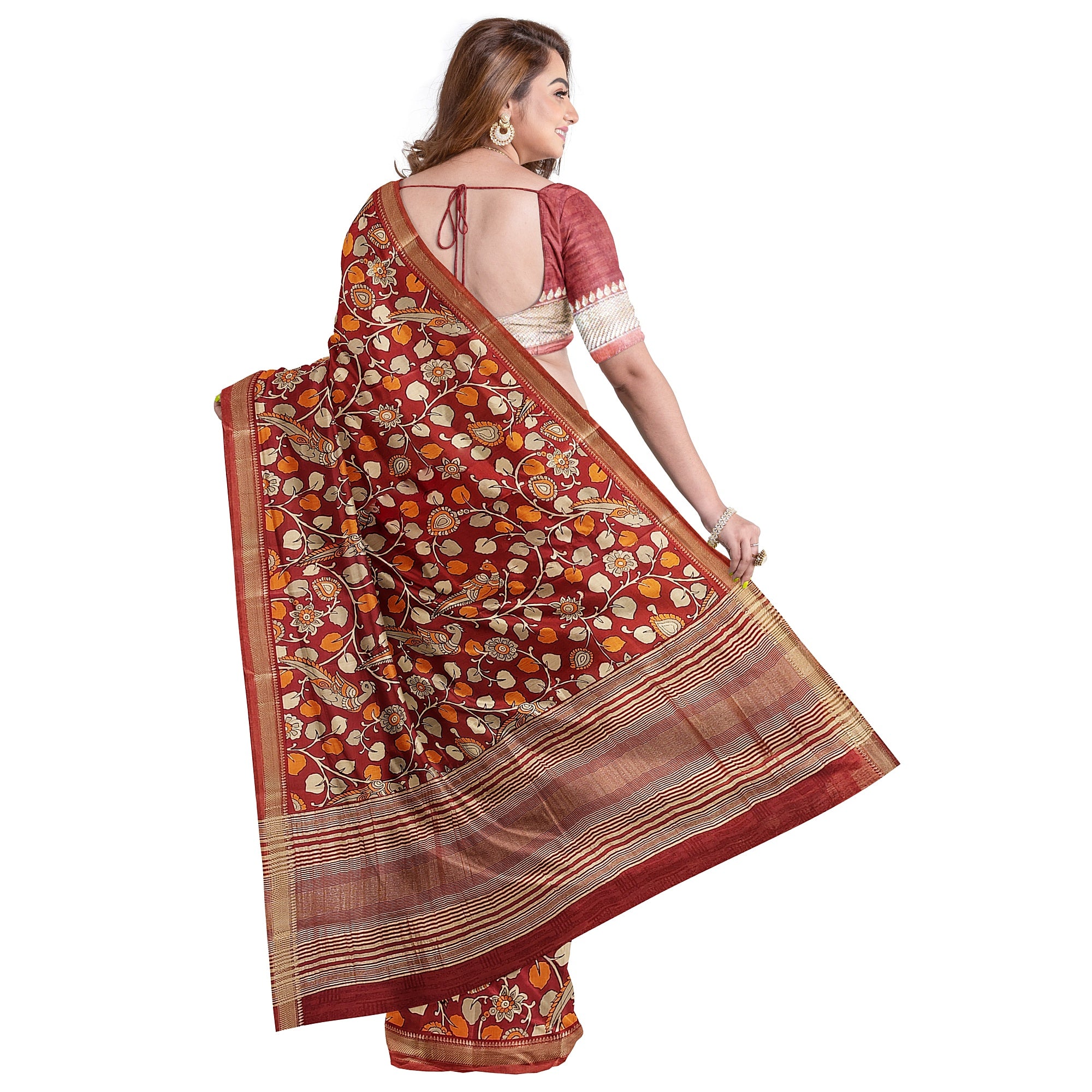 Brown Printed Peacock Saree – Peacock Butta – Shop Online