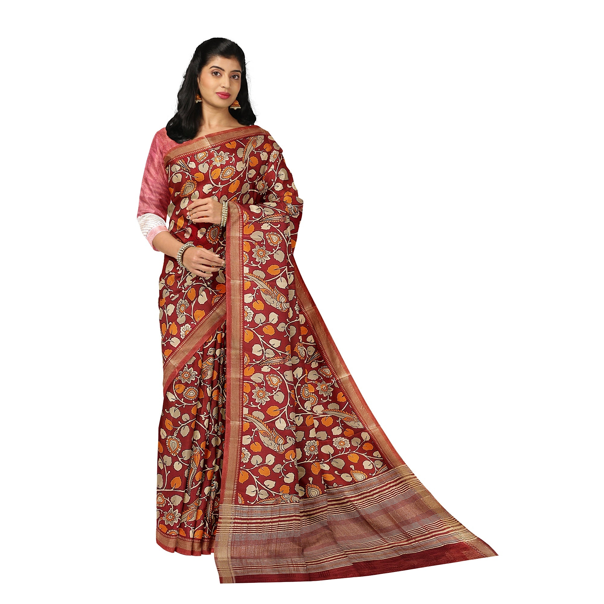 Brown Printed Peacock Saree – Peacock Butta – Shop Online