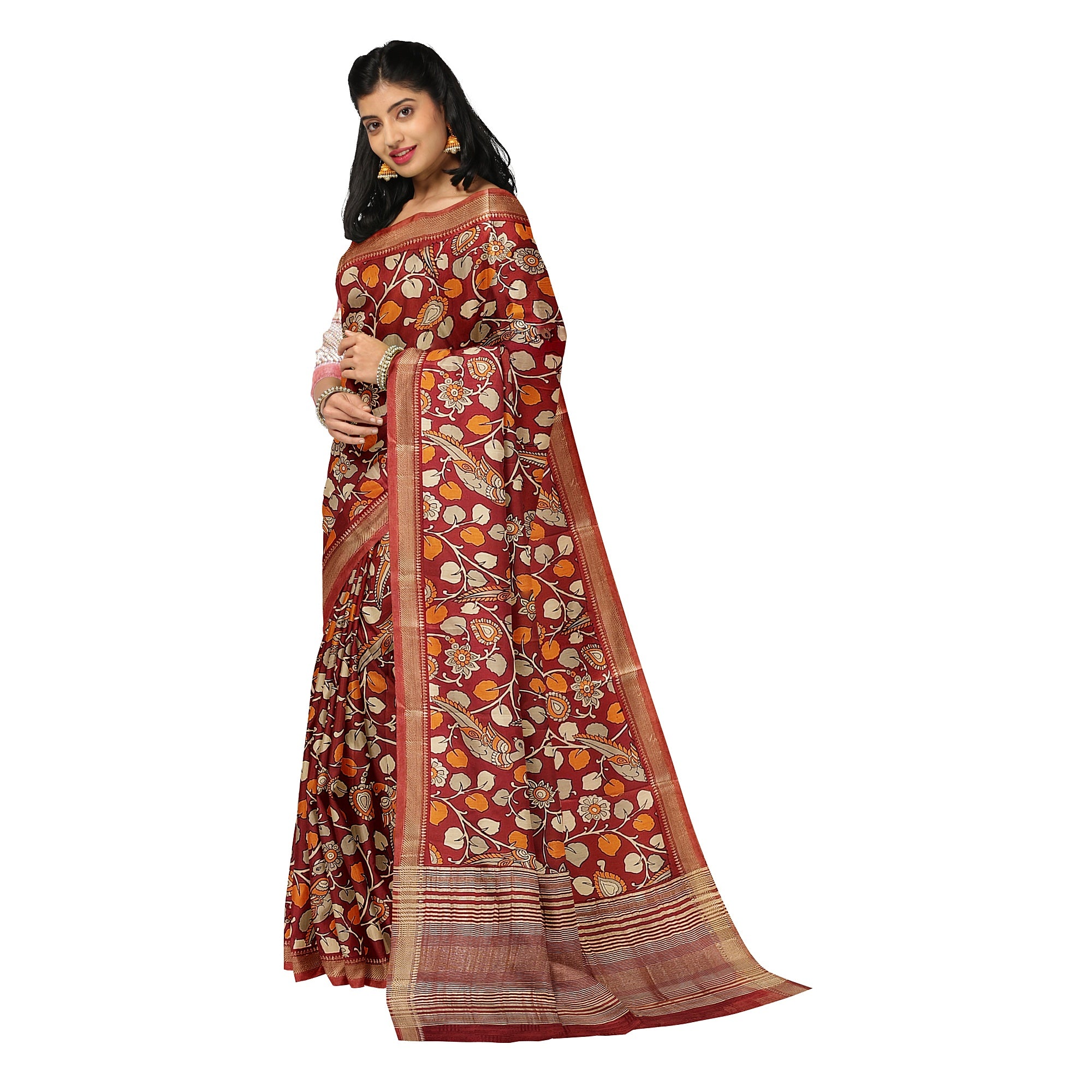 Brown Printed Peacock Saree – Peacock Butta – Shop Online
