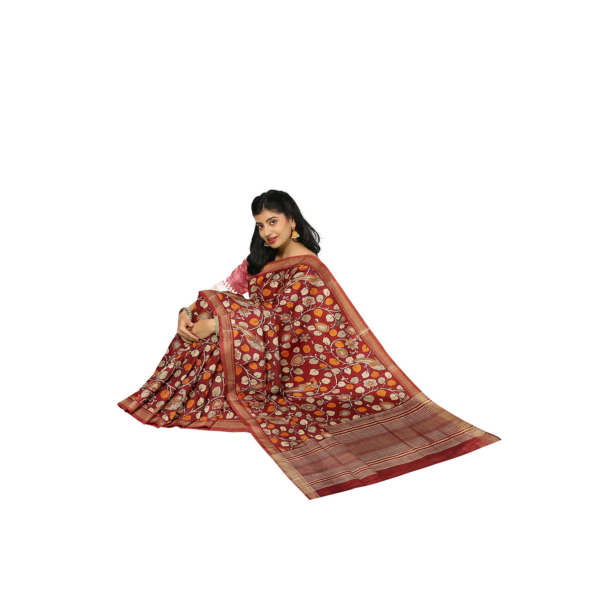 Brown Printed Peacock Saree – Peacock Butta – Shop Online