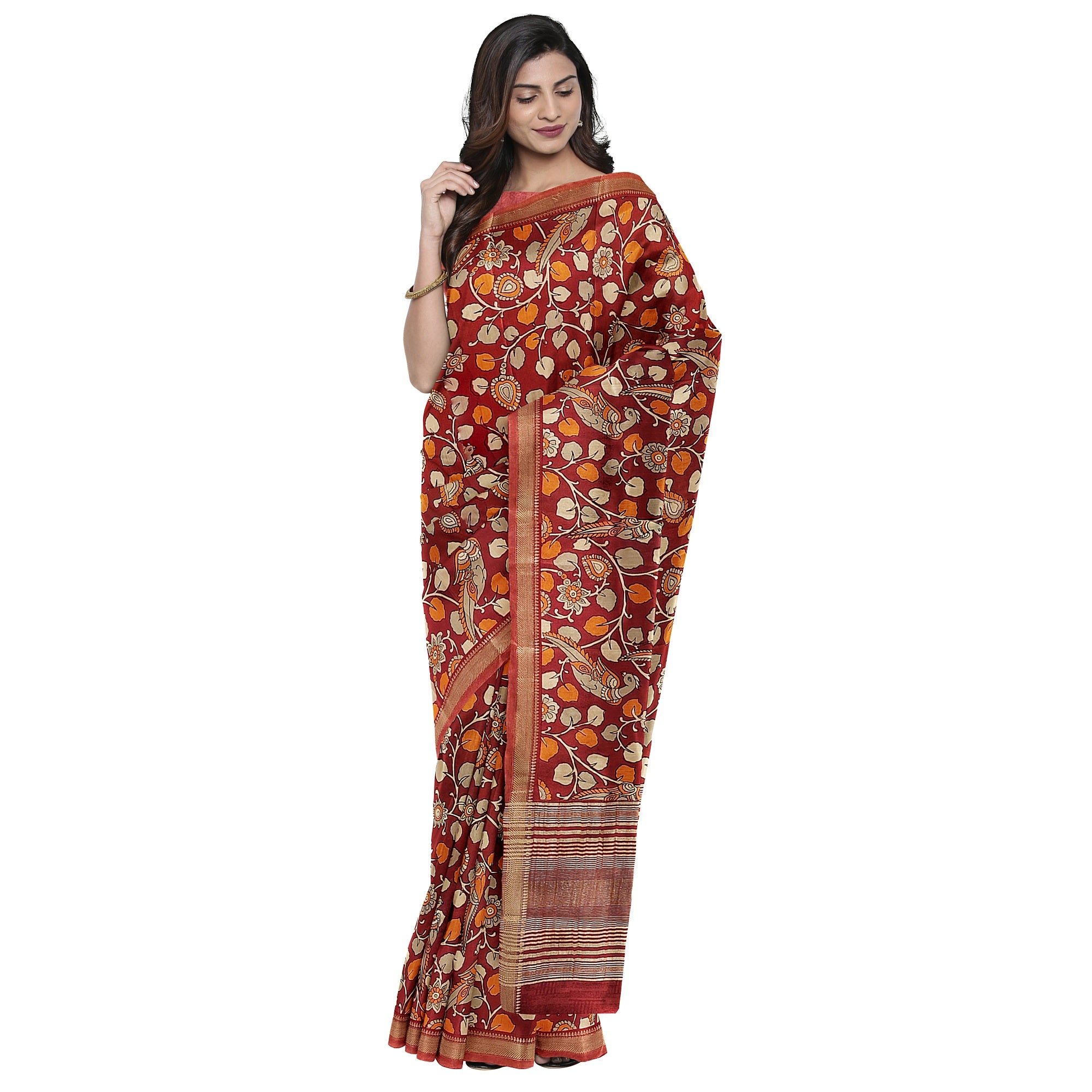 Brown Printed Peacock Saree – Peacock Butta – Shop Online