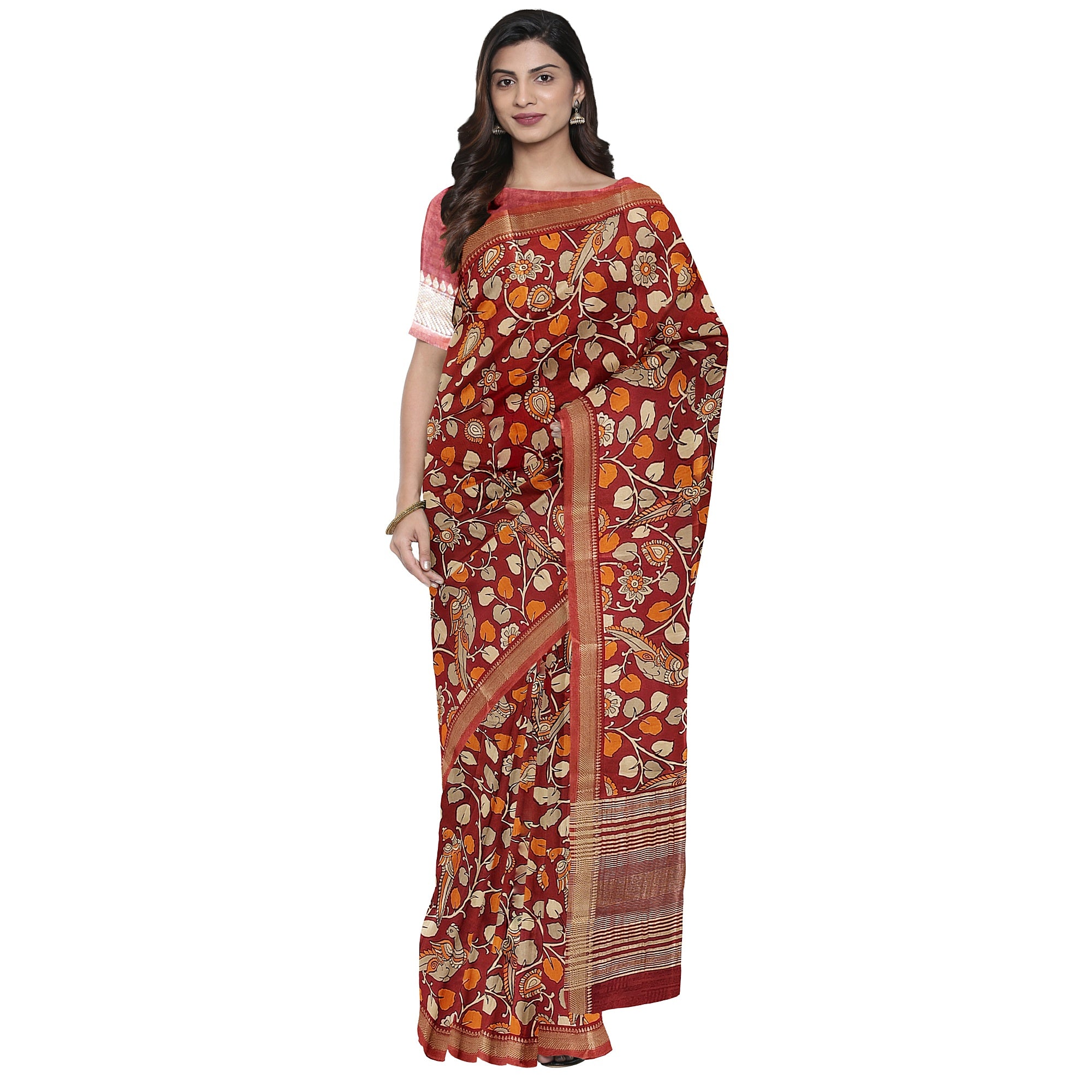 Brown Printed Peacock Saree – Peacock Butta – Shop Online