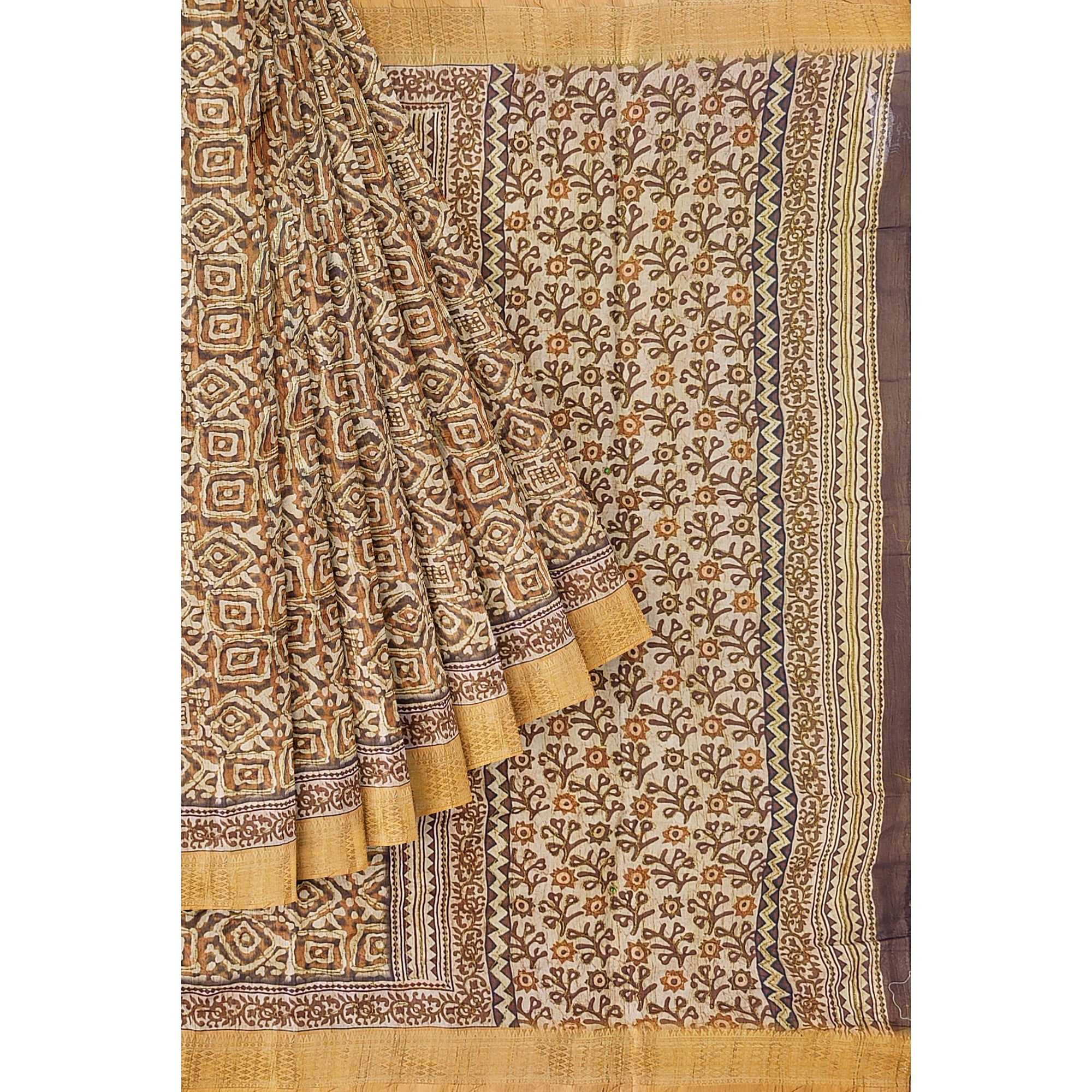 Raw Silk Printed Saree – Gold Thread Work with yellow border – Shop Online