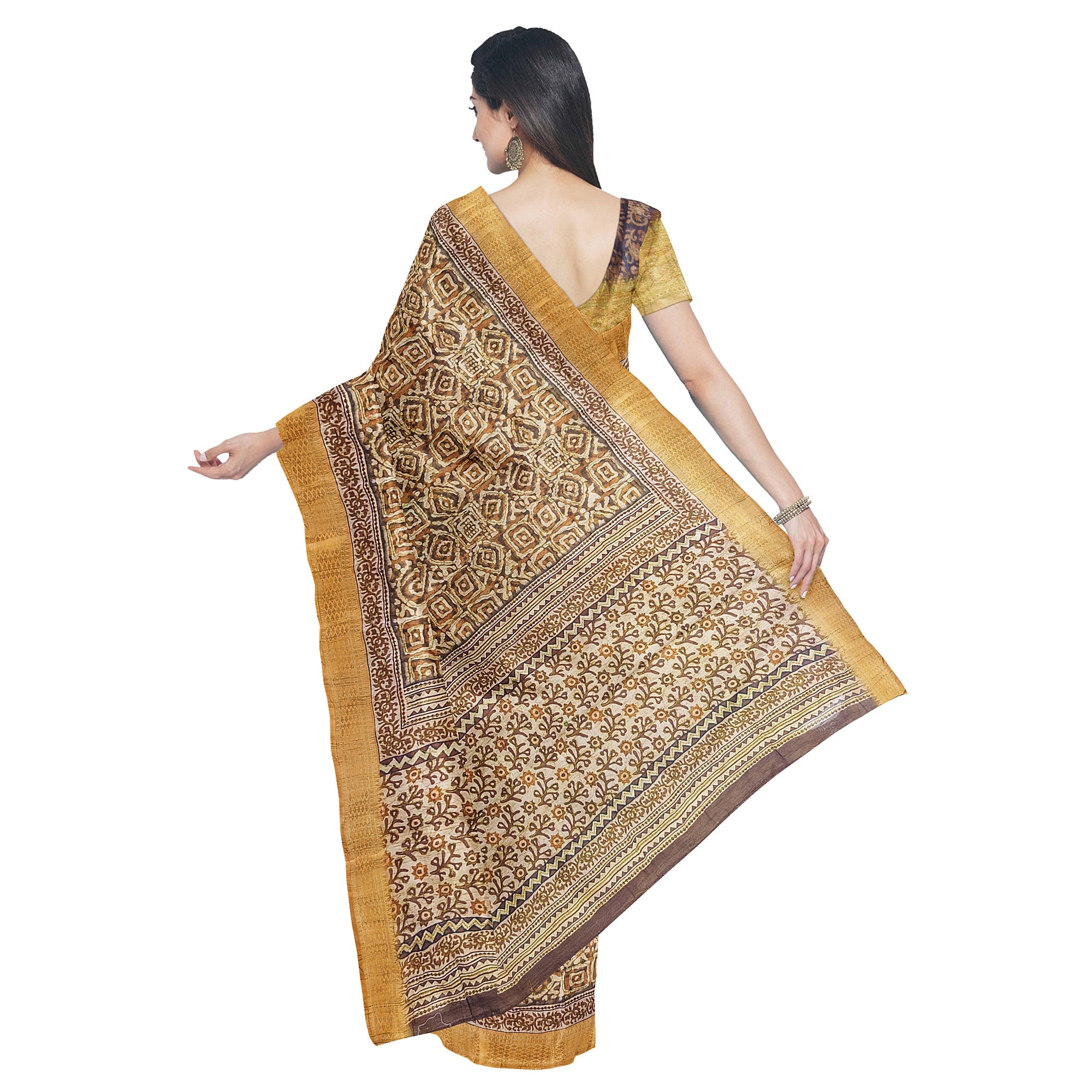 Raw Silk Printed Saree – Gold Thread Work with yellow border – Shop Online