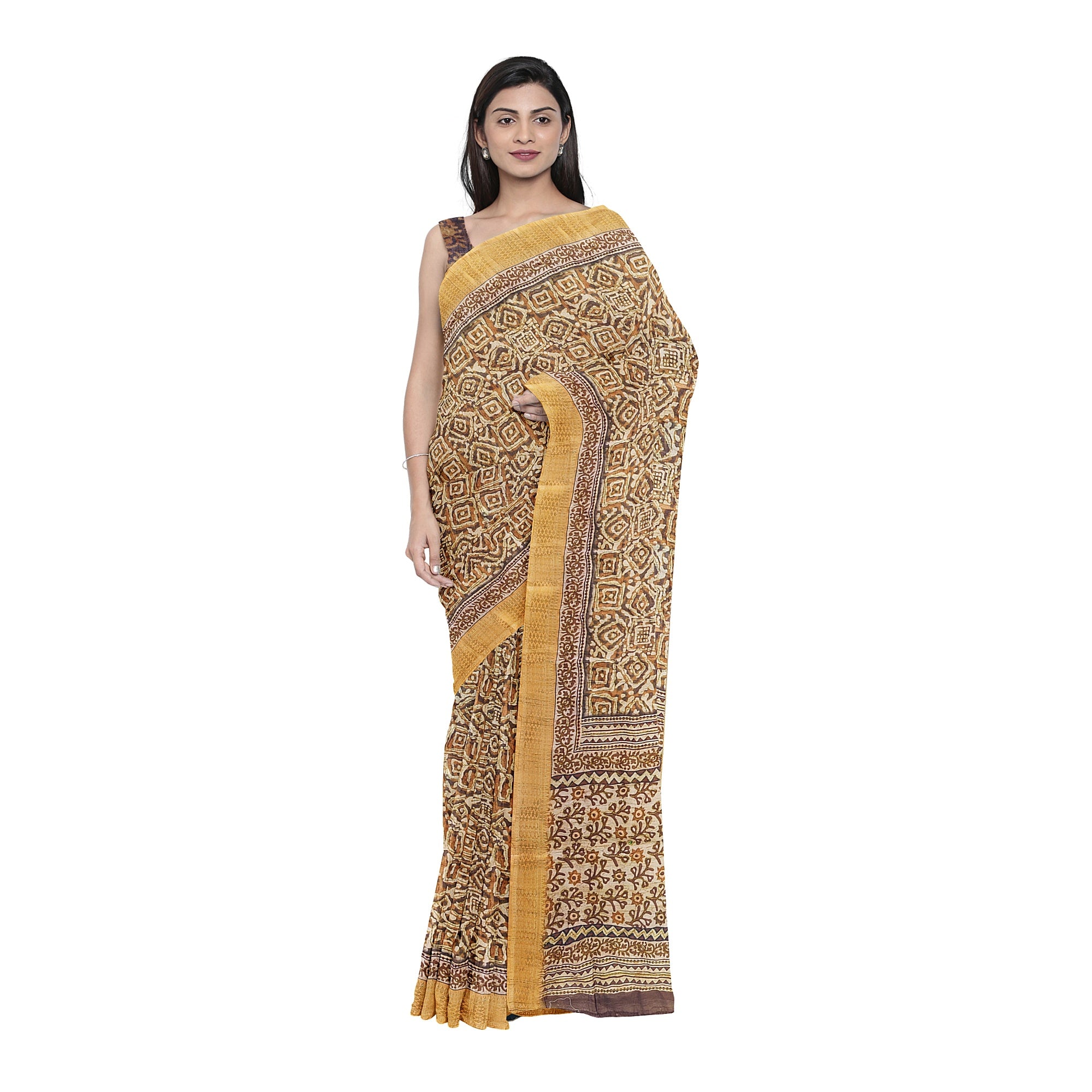 Raw Silk Printed Saree – Gold Thread Work with yellow border – Shop Online