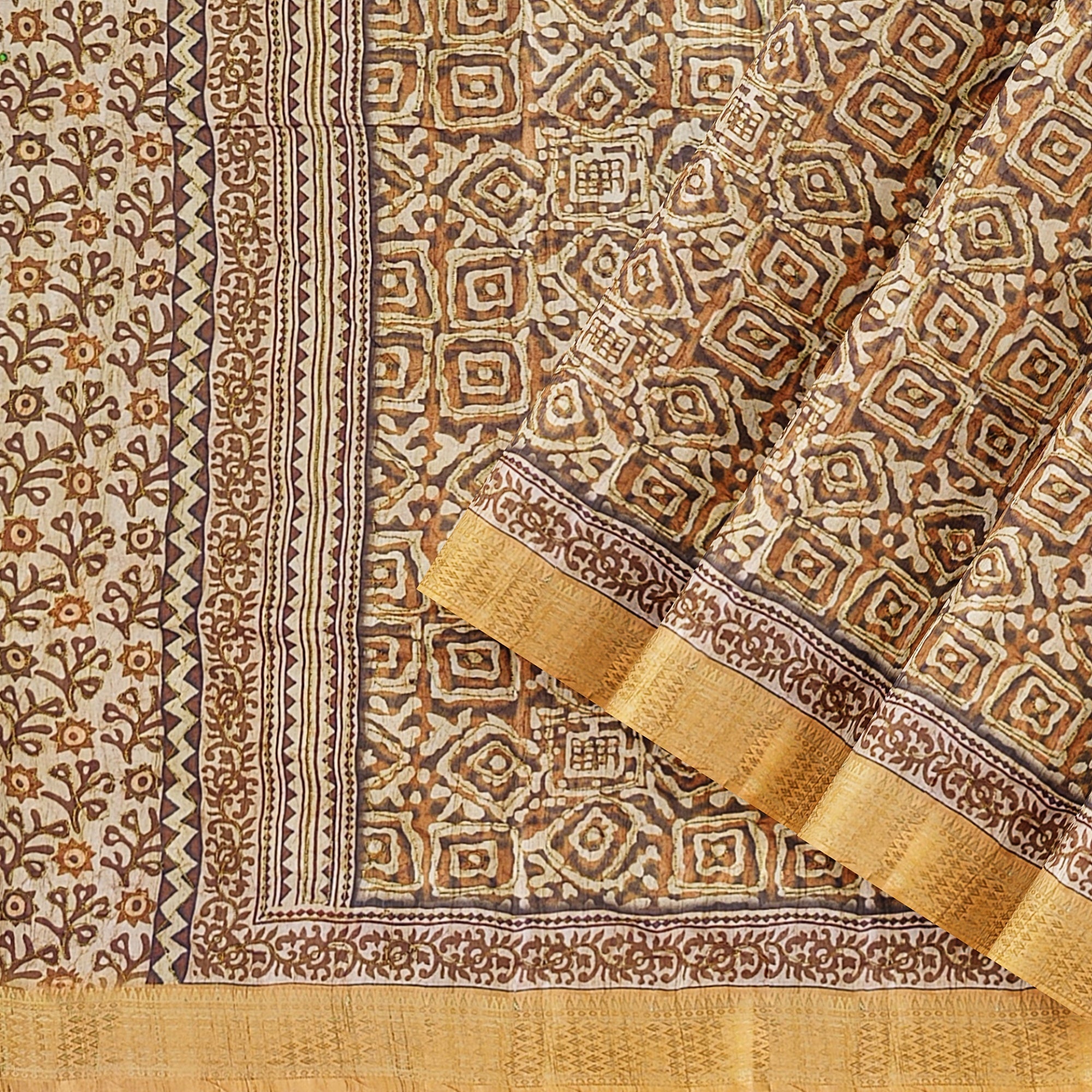 Raw Silk Printed Saree – Gold Thread Work with yellow border – Shop Online