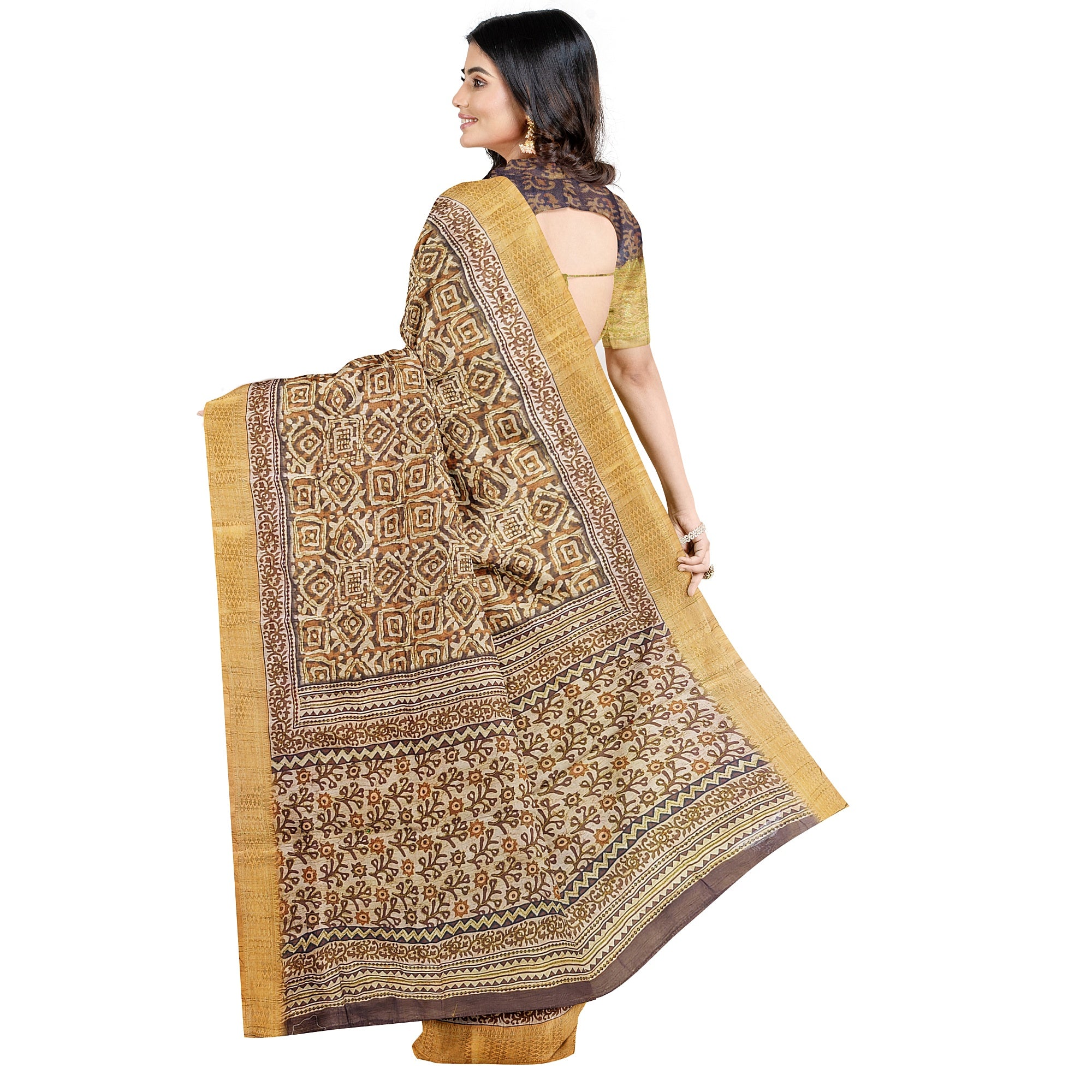 Raw Silk Printed Saree – Gold Thread Work with yellow border – Shop Online