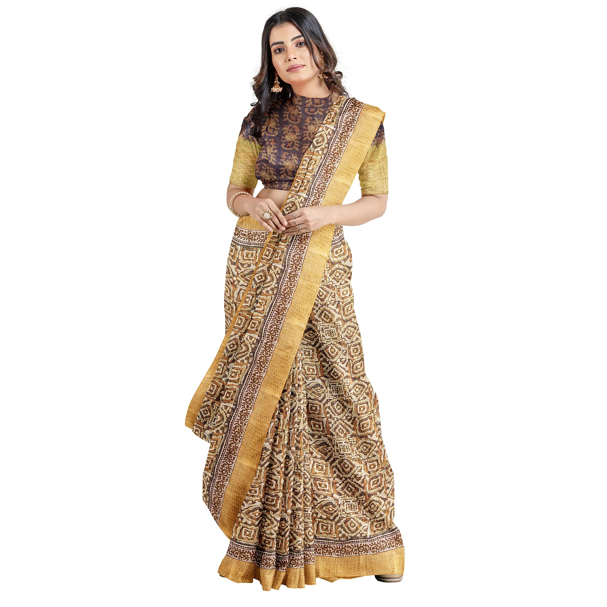 Raw Silk Printed Saree – Gold Thread Work with yellow border – Shop Online