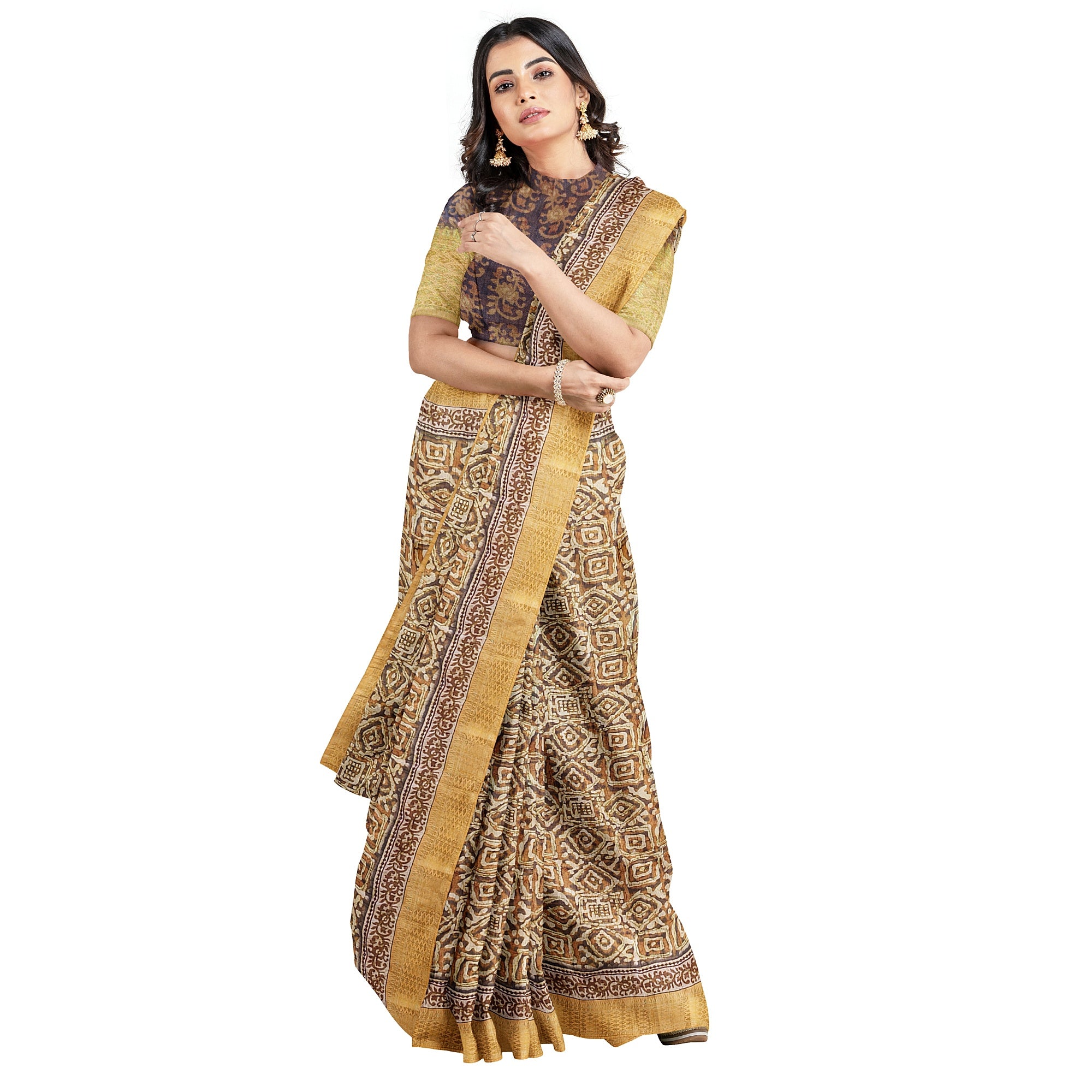 Raw Silk Printed Saree – Gold Thread Work with yellow border – Shop Online
