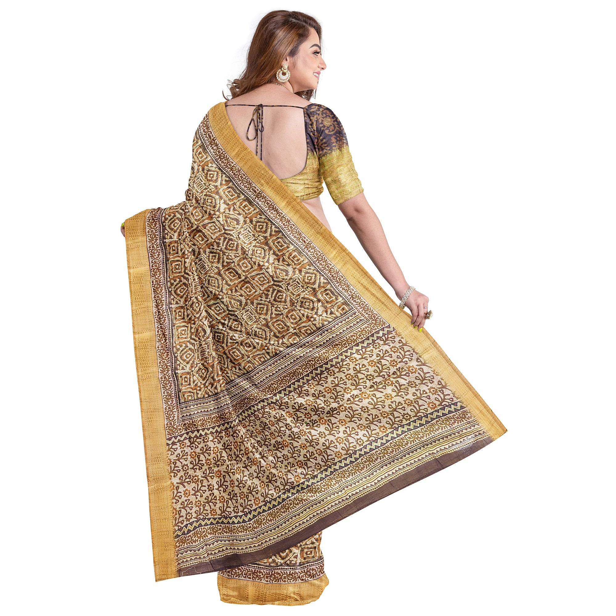 Raw Silk Printed Saree – Gold Thread Work with yellow border – Shop Online