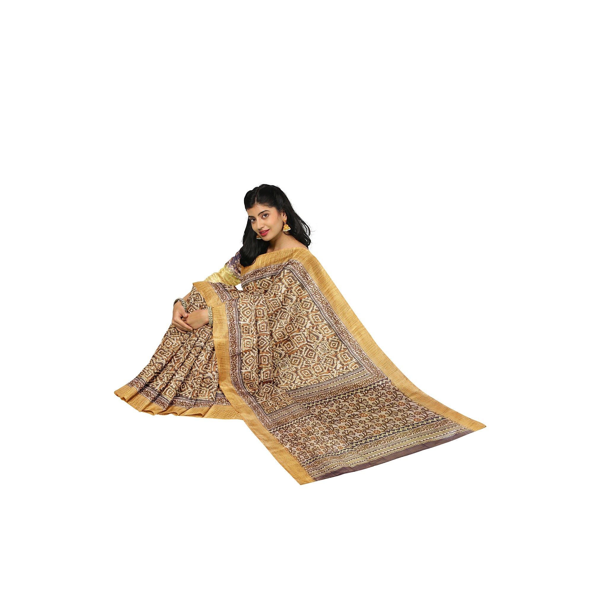 Raw Silk Printed Saree – Gold Thread Work with yellow border – Shop Online
