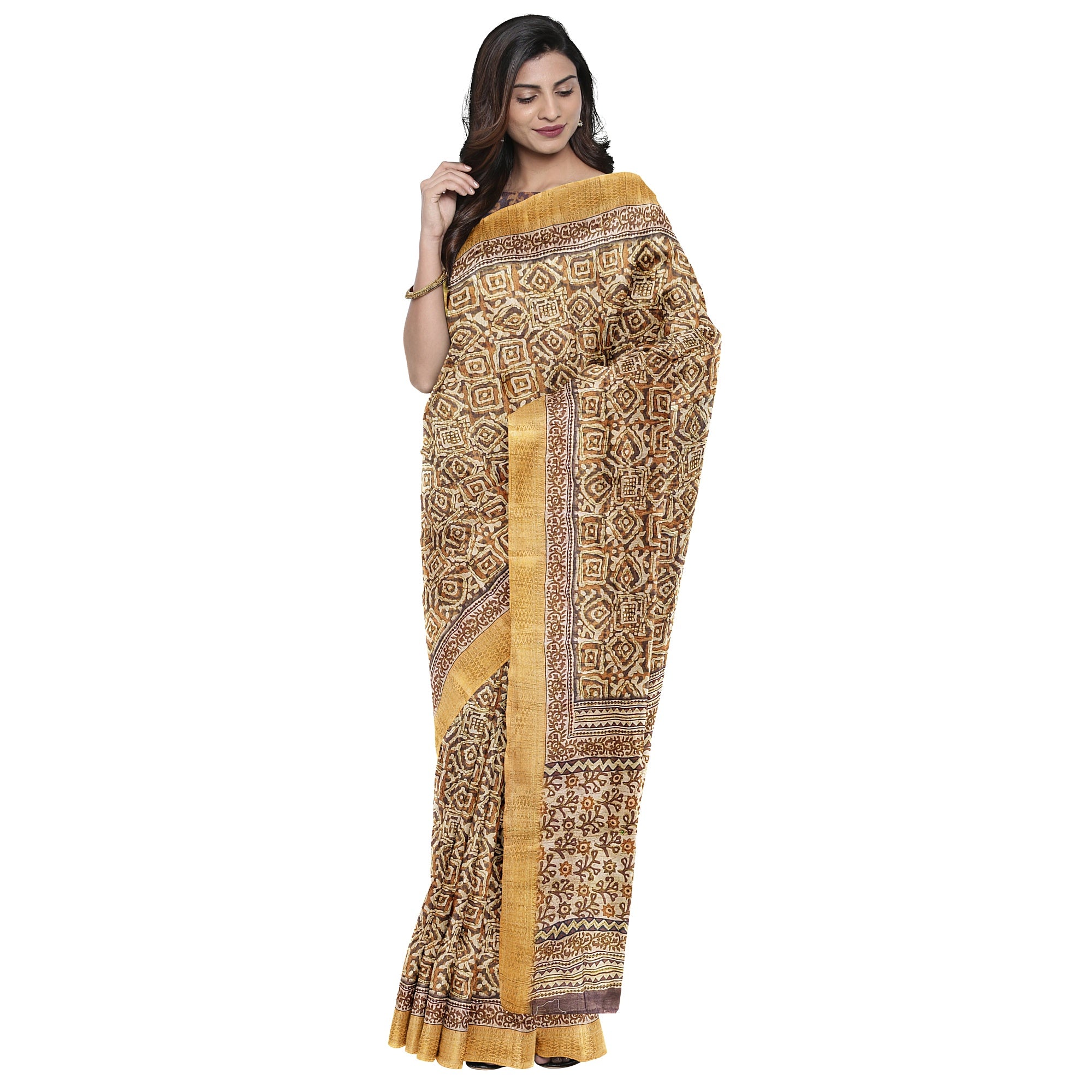 Raw Silk Printed Saree – Gold Thread Work with yellow border – Shop Online