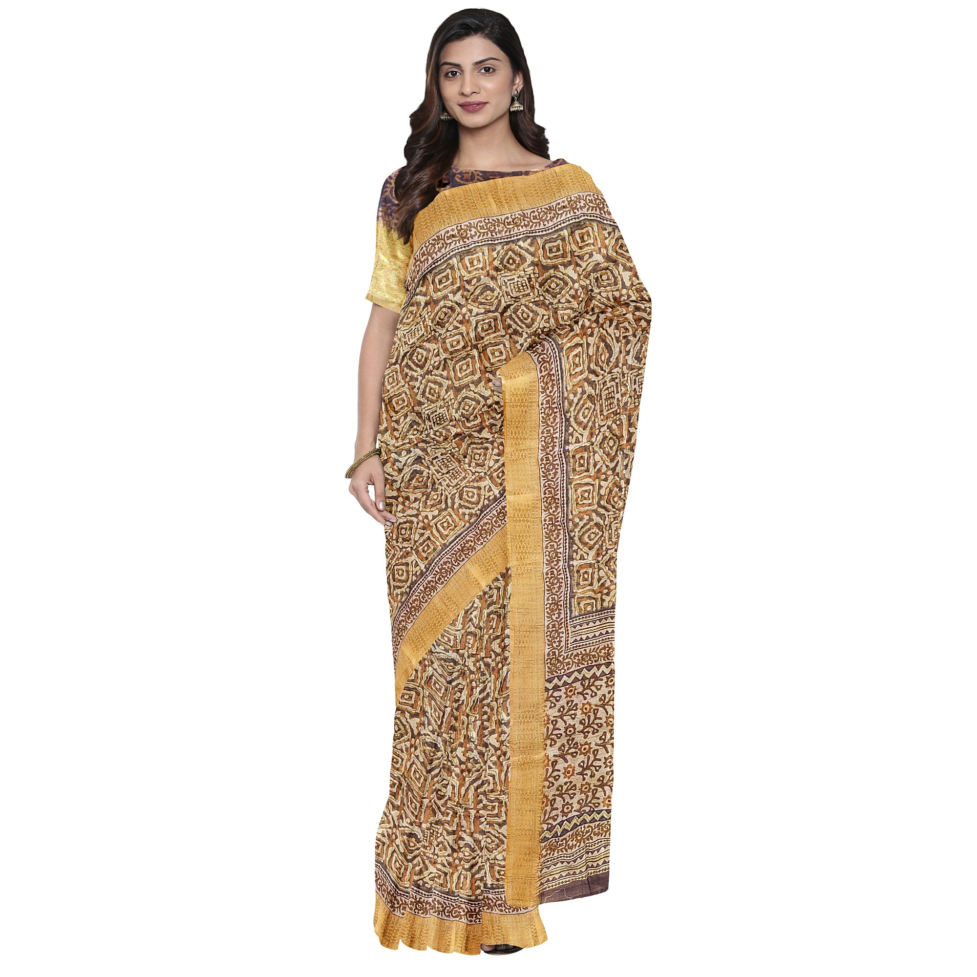Raw Silk Printed Saree – Gold Thread Work with yellow border – Shop Online