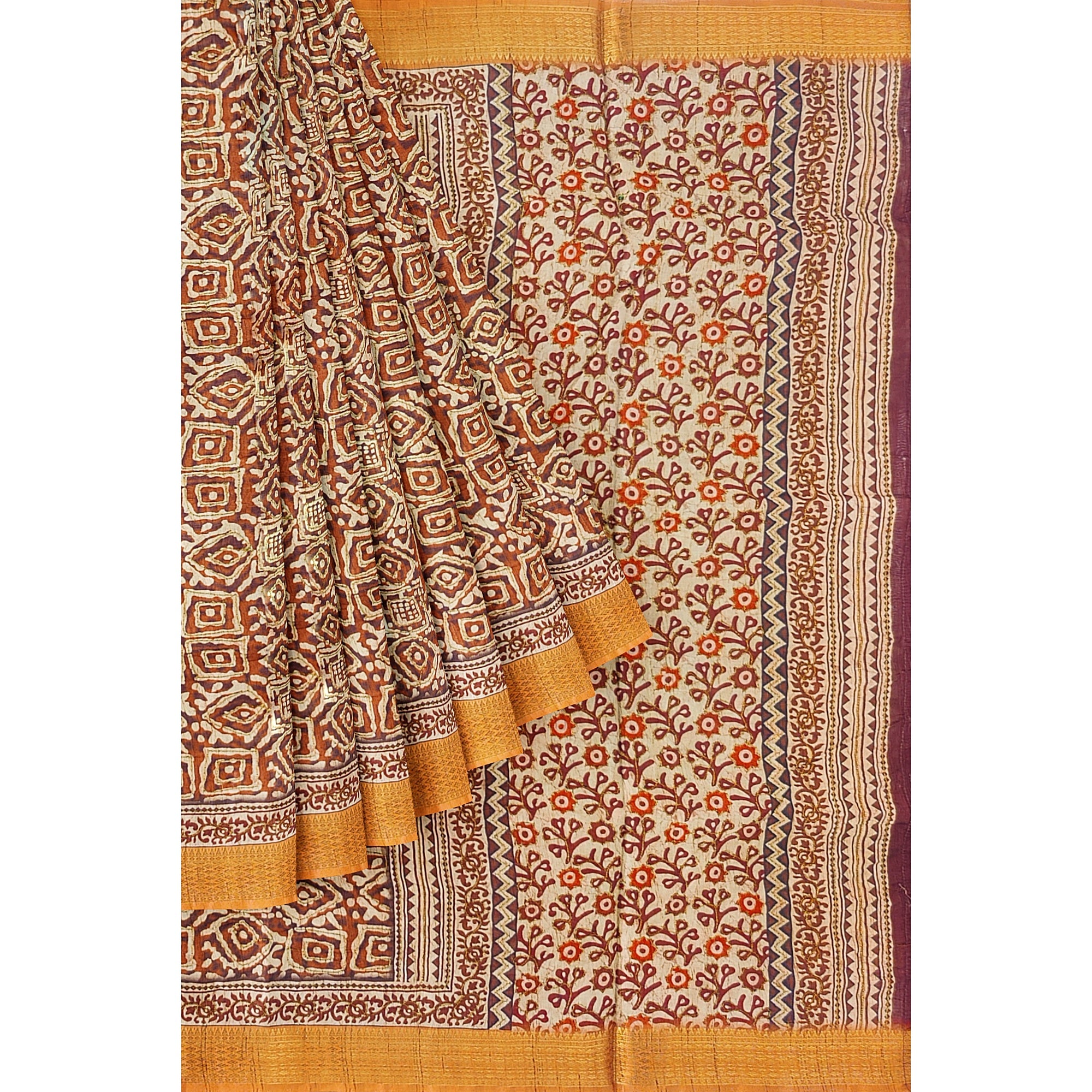 Raw Silk Printed Saree – Gold Thread Work – Shop Online