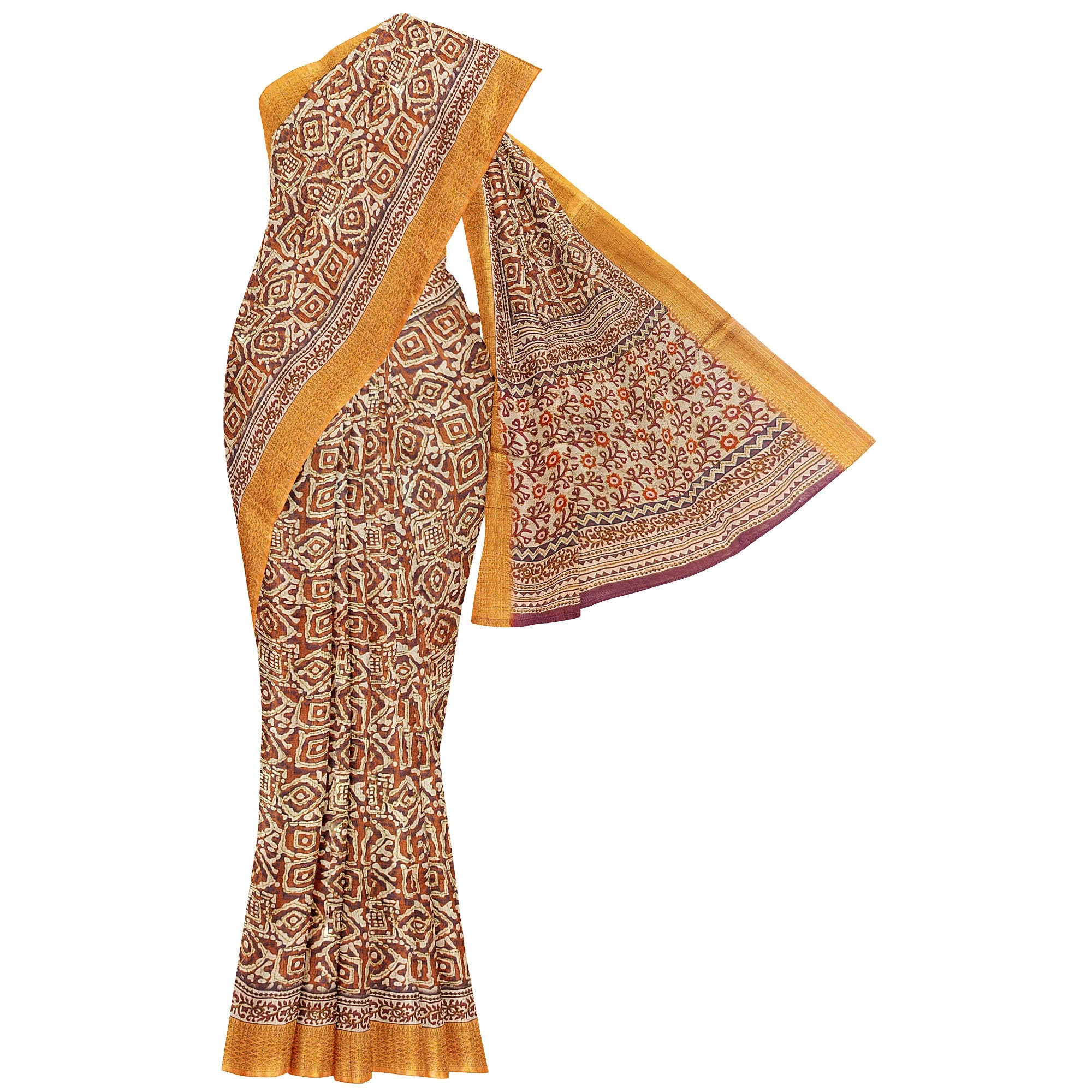 Raw Silk Printed Saree – Gold Thread Work – Shop Online