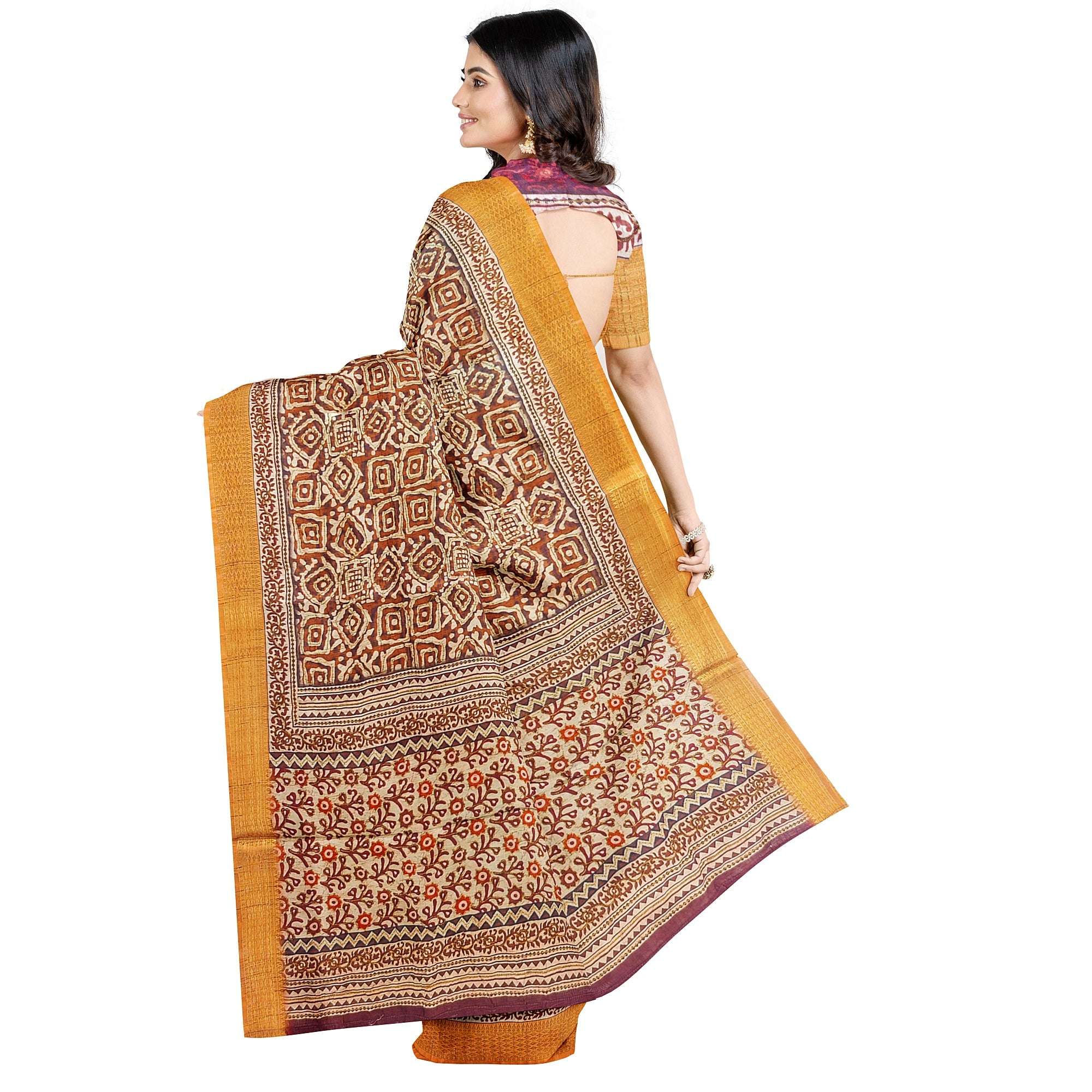 Raw Silk Printed Saree – Gold Thread Work – Shop Online