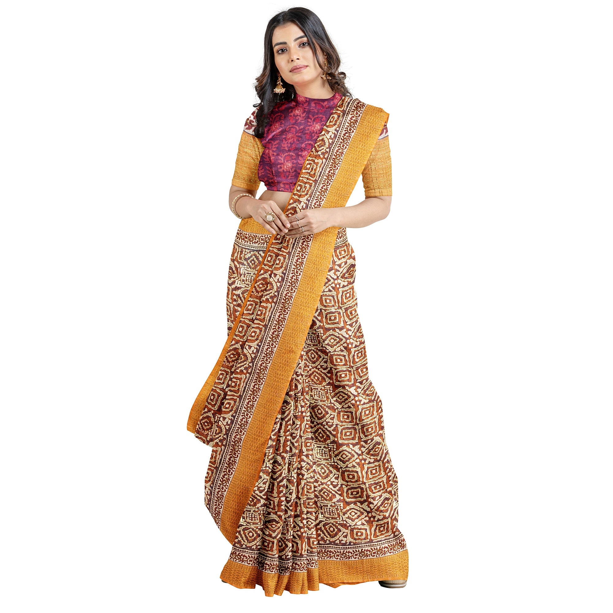 Raw Silk Printed Saree – Gold Thread Work – Shop Online