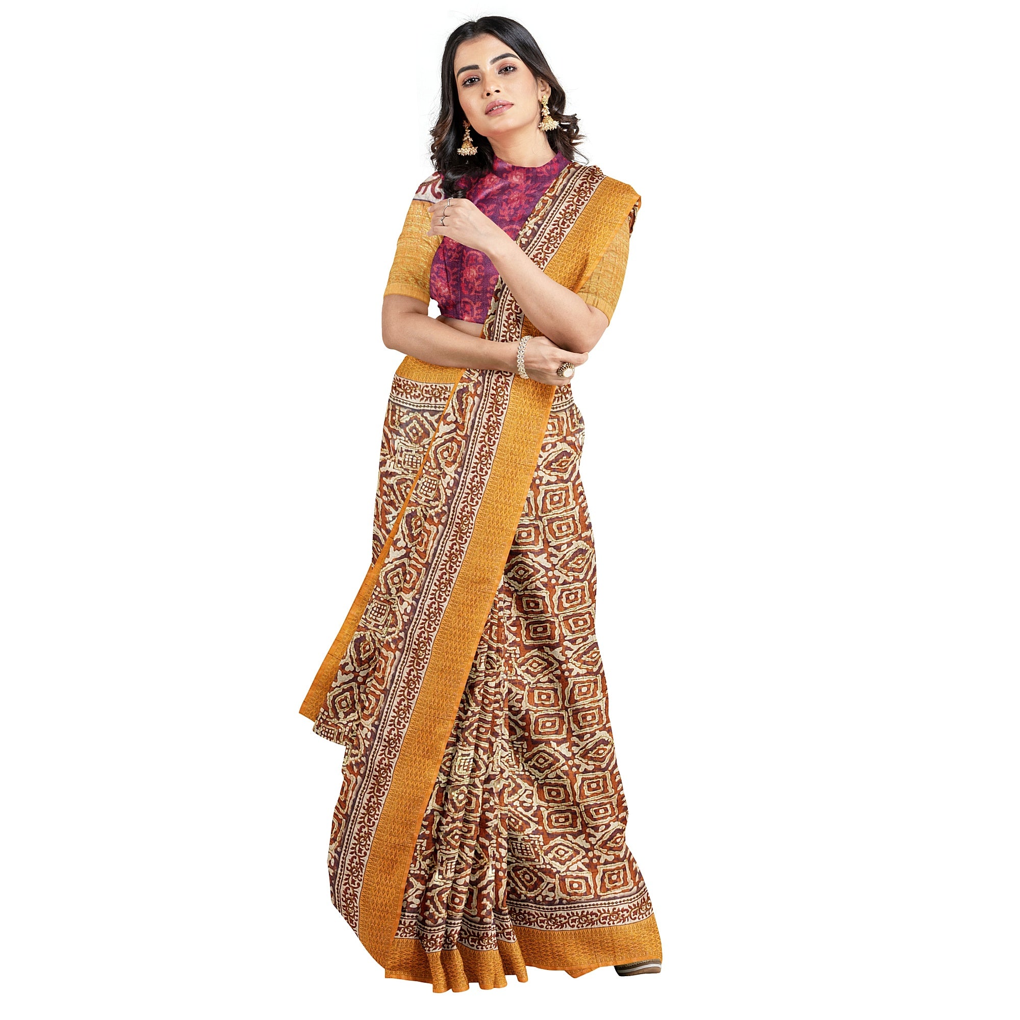 Raw Silk Printed Saree – Gold Thread Work – Shop Online