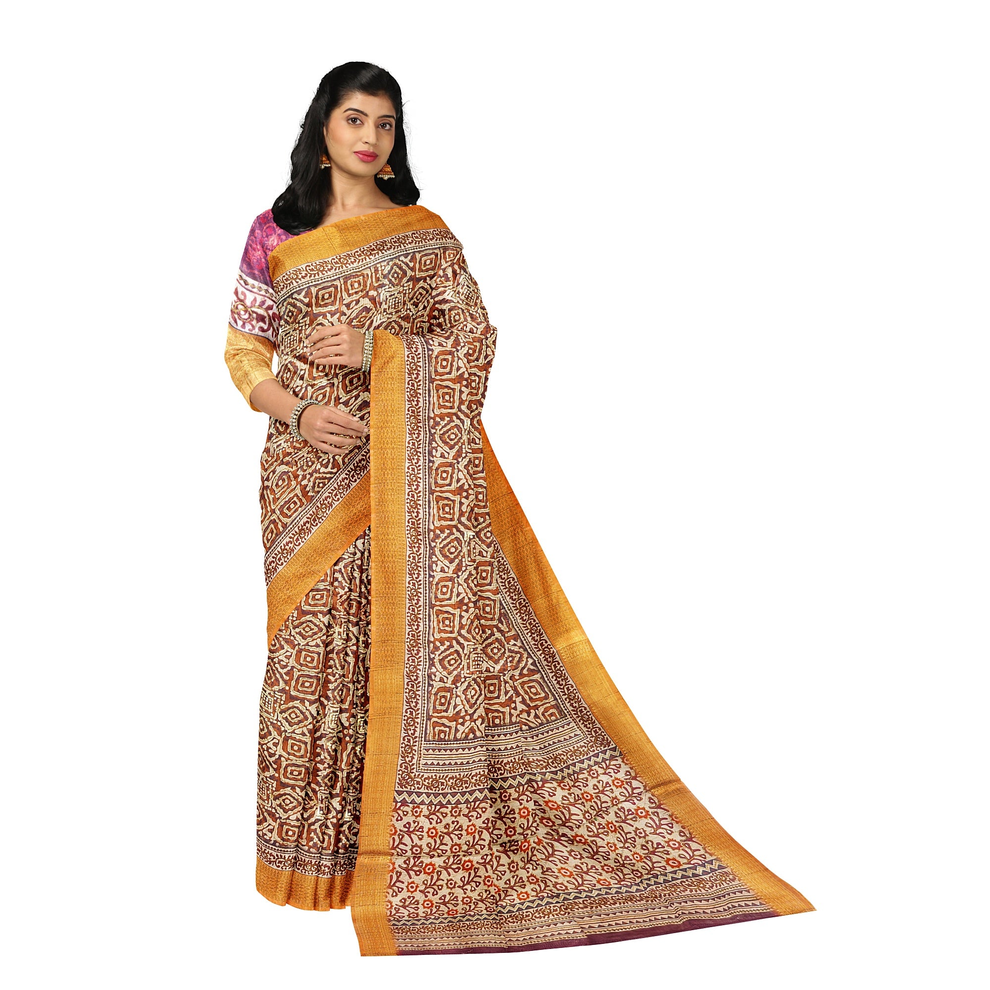 Raw Silk Printed Saree – Gold Thread Work – Shop Online