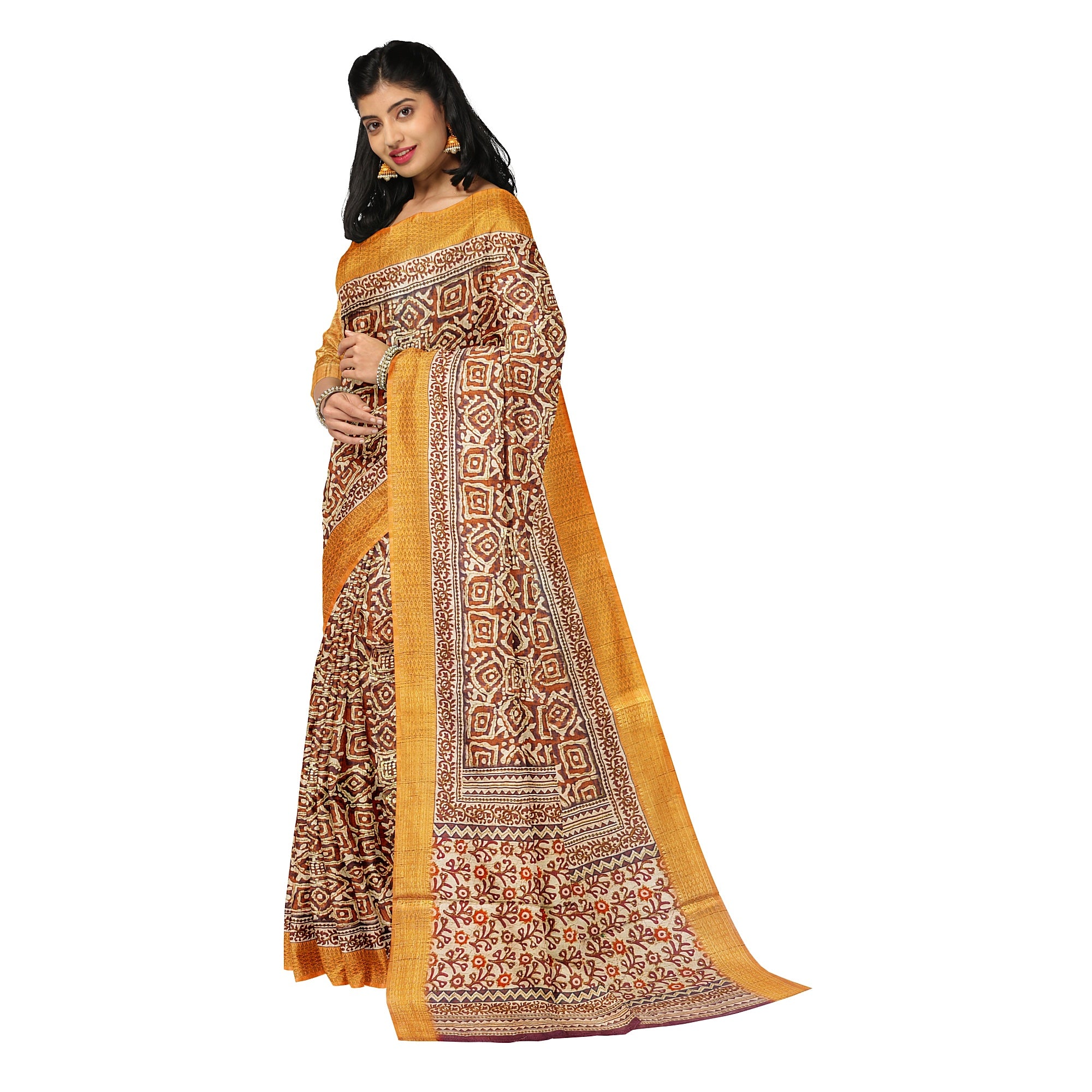 Raw Silk Printed Saree – Gold Thread Work – Shop Online