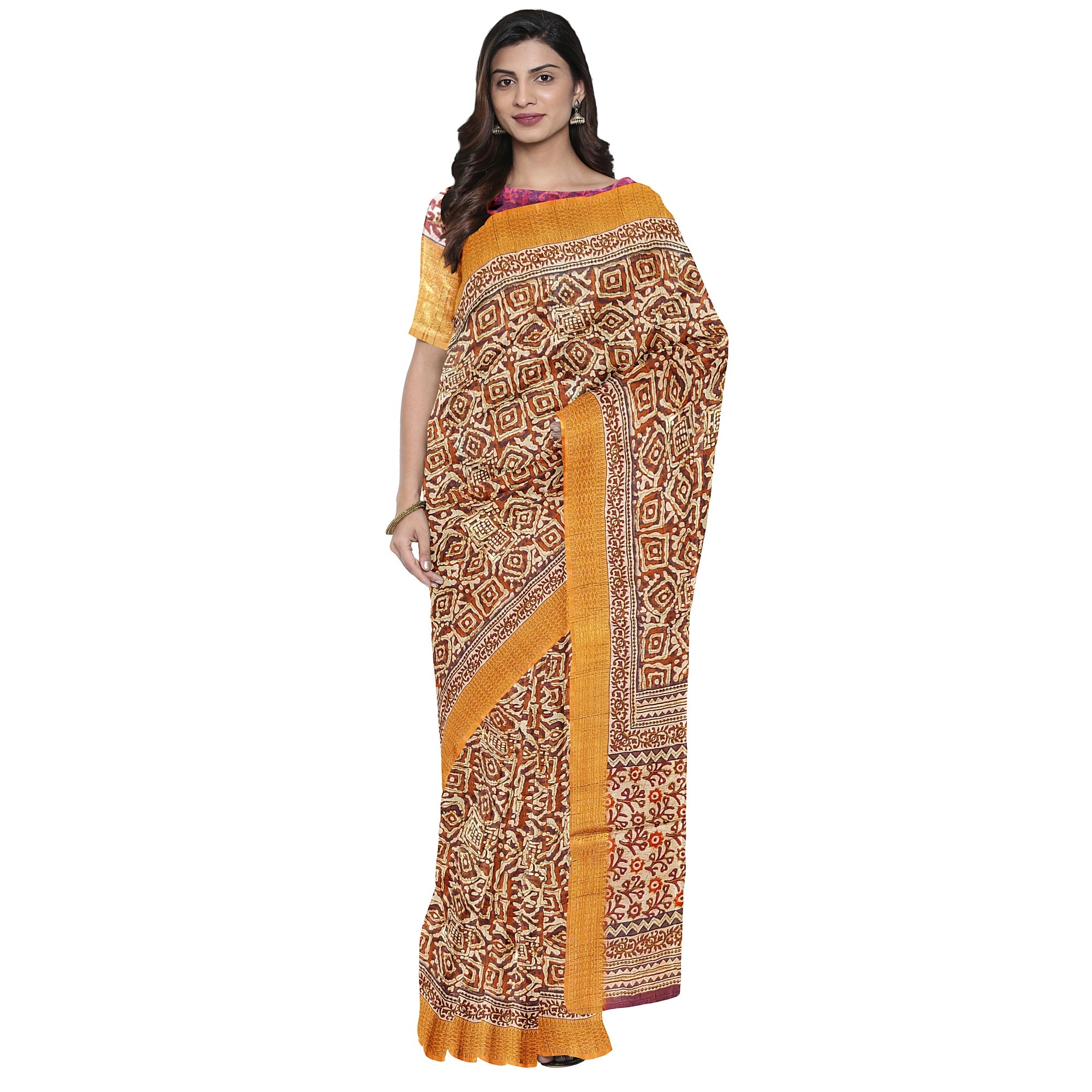 Raw Silk Printed Saree – Gold Thread Work – Shop Online