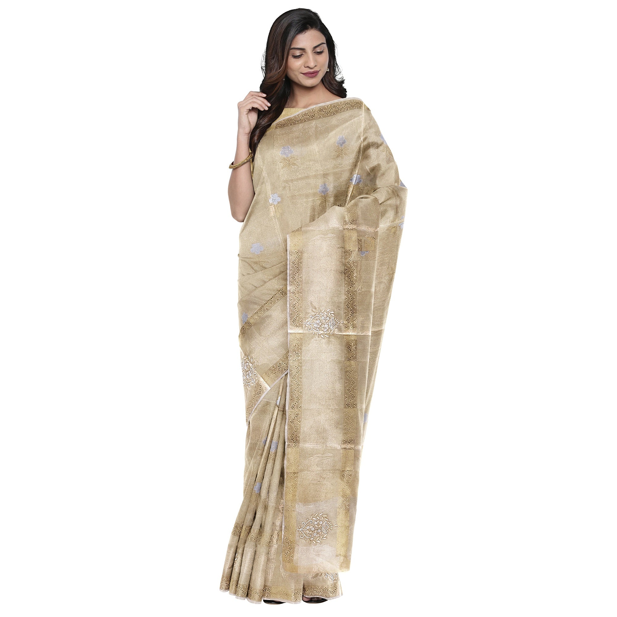 Gold Tissue Embroidered Saree – Beaded Wedding Collection – Shop Online