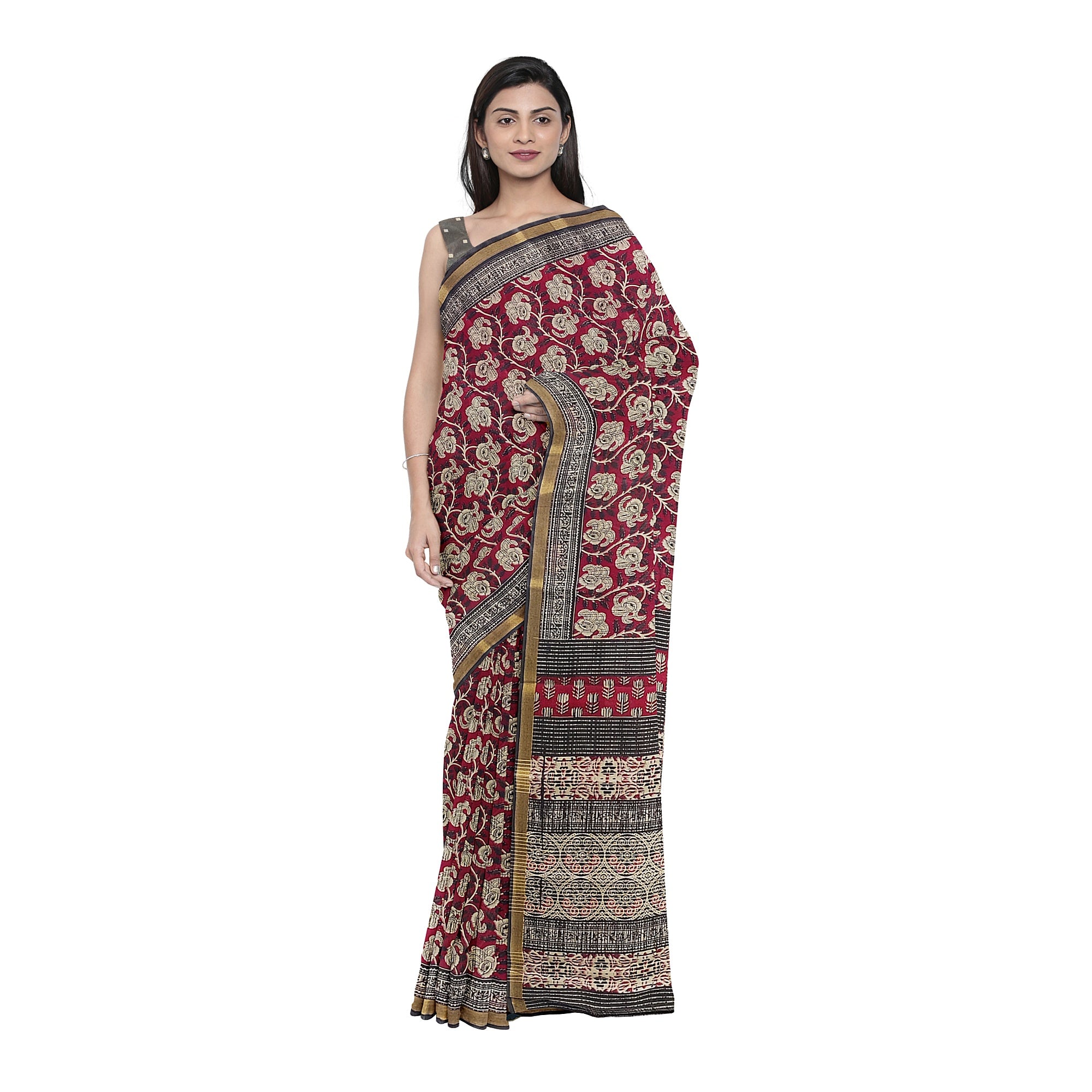Red Floral Lightweight Saree – Black Border – Shop Online