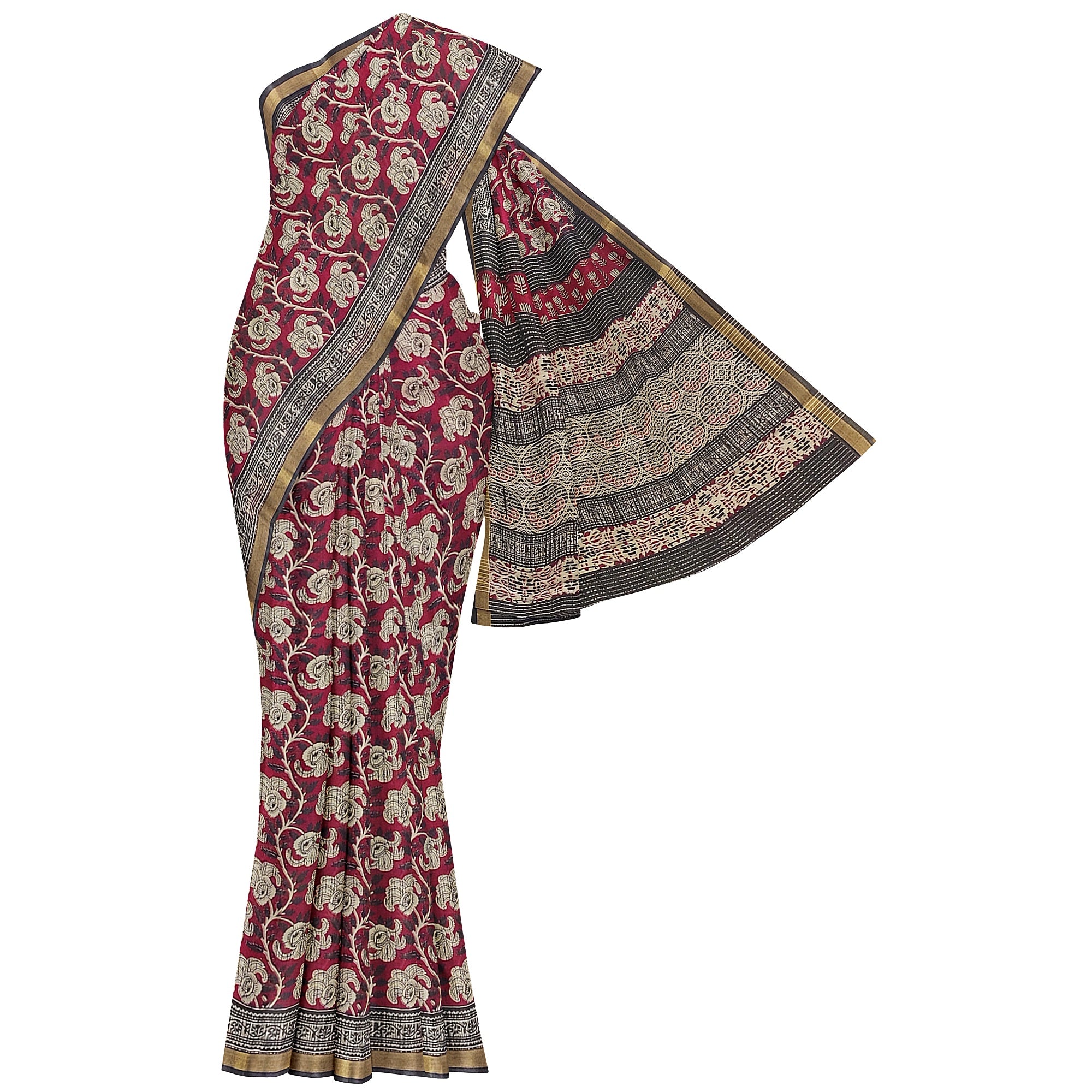 Red Floral Lightweight Saree – Black Border – Shop Online