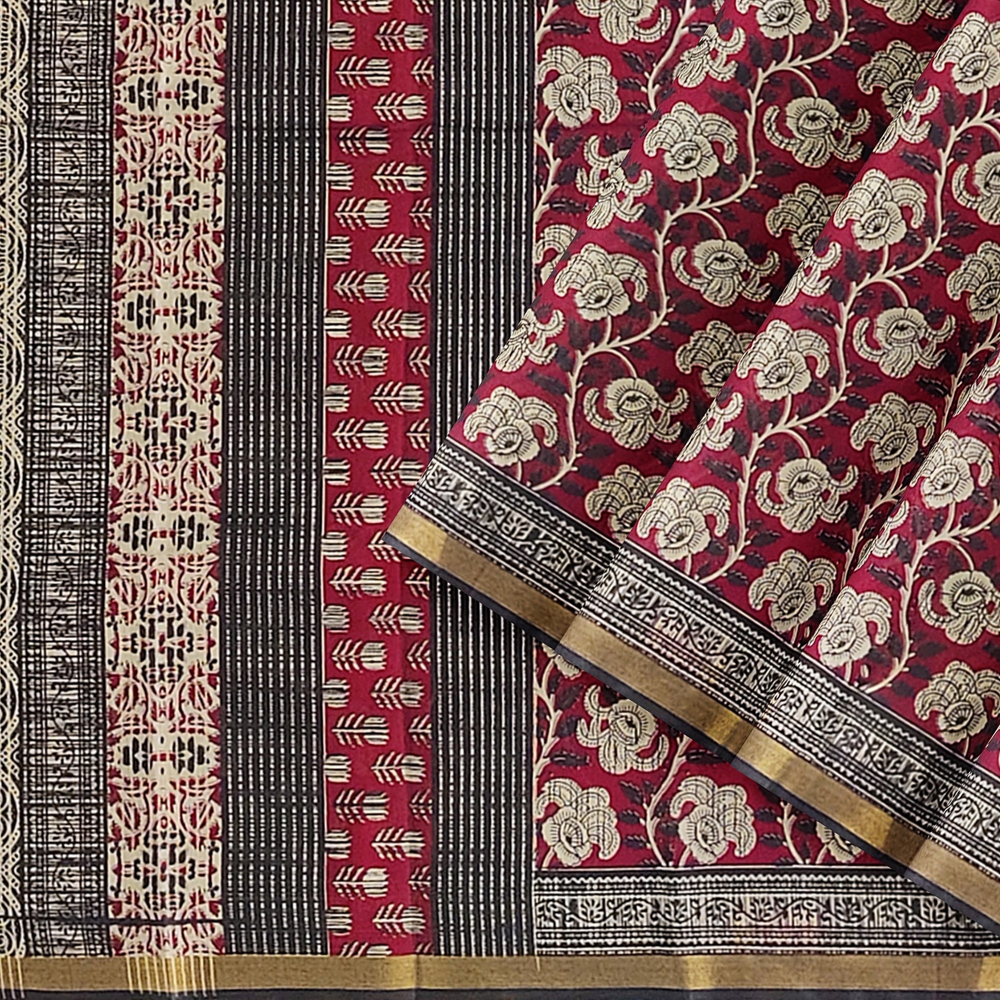 Red Floral Lightweight Saree – Black Border – Shop Online