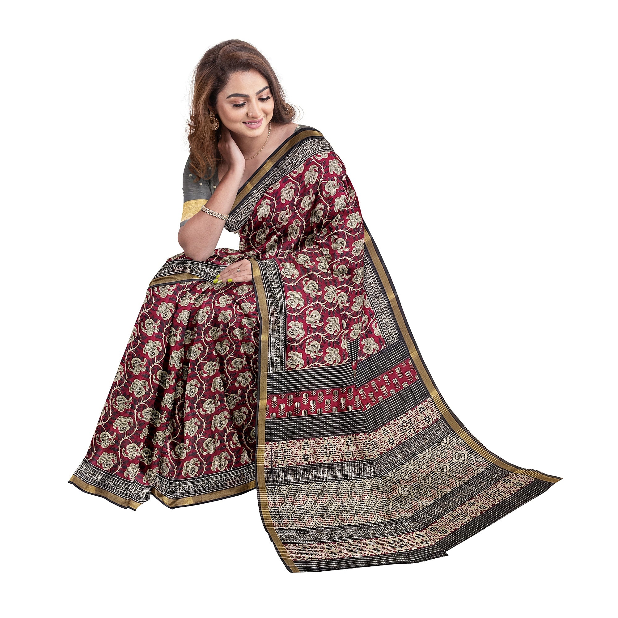 Red Floral Lightweight Saree – Black Border – Shop Online