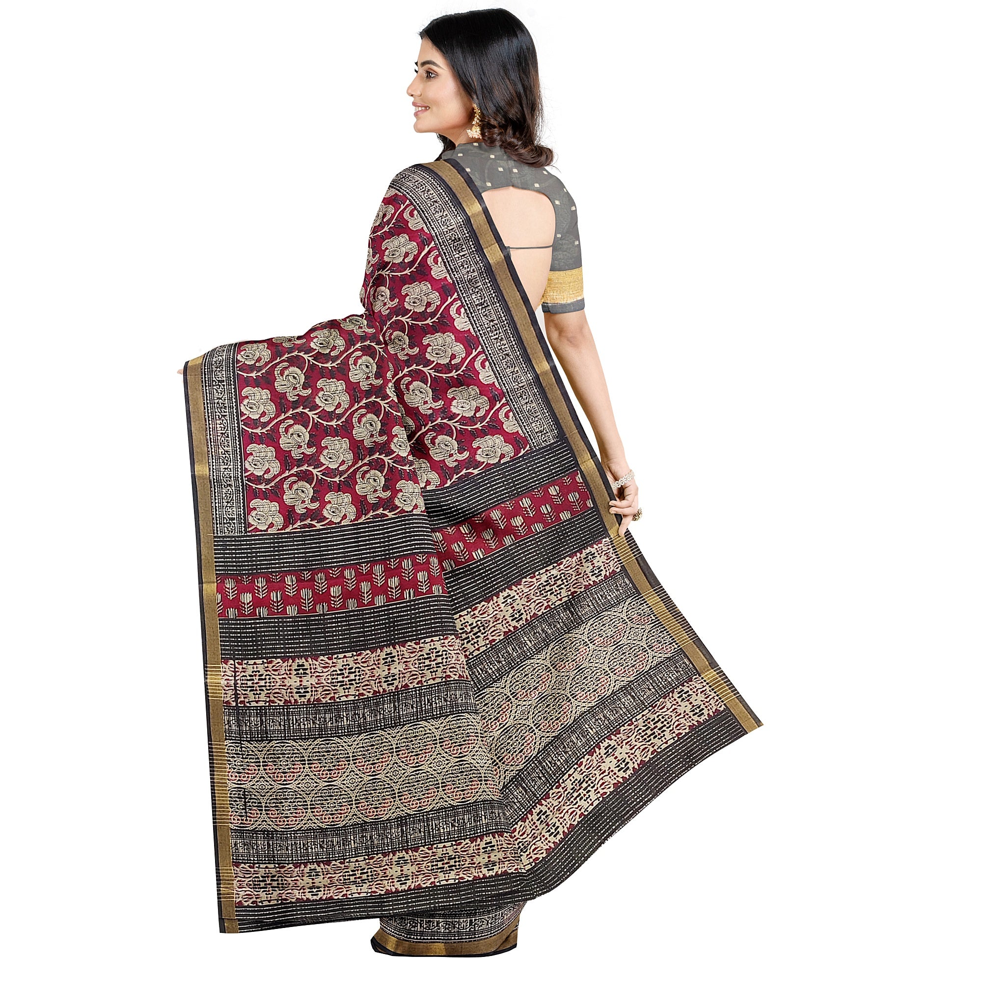 Red Floral Lightweight Saree – Black Border – Shop Online