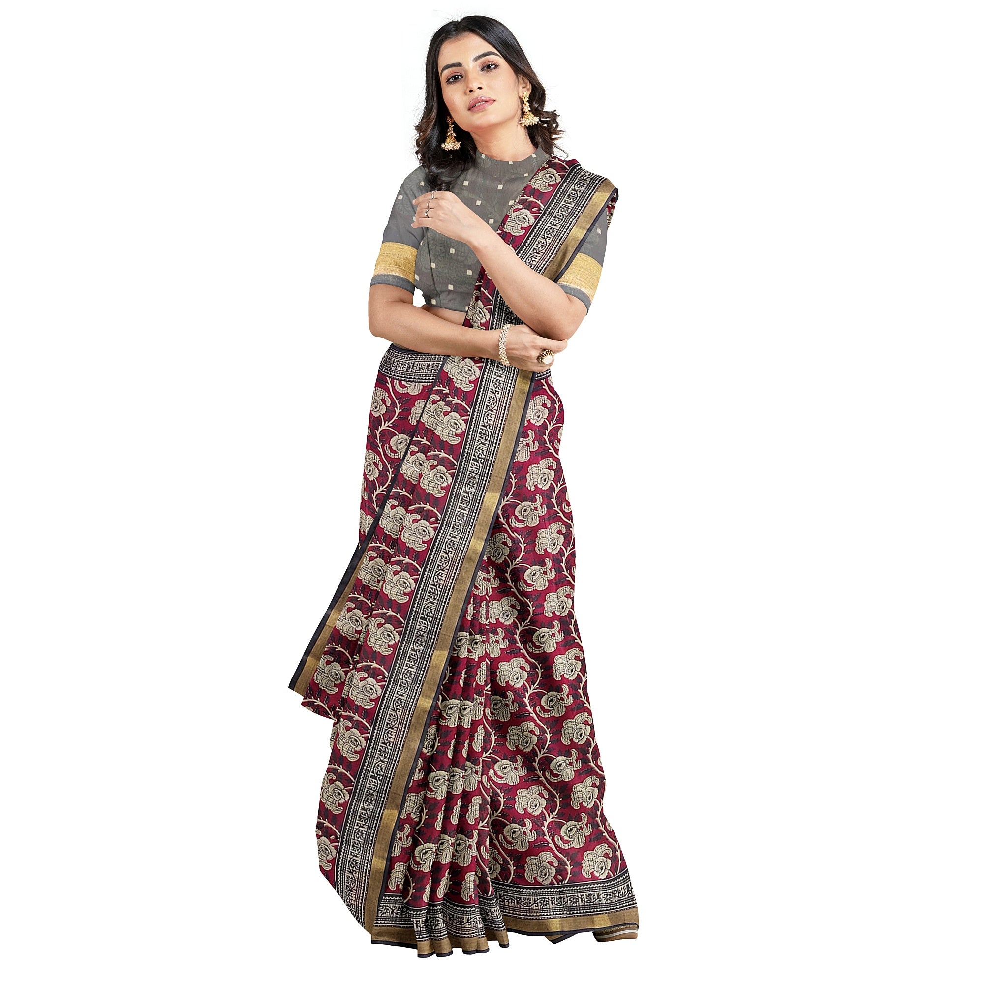 Red Floral Lightweight Saree – Black Border – Shop Online