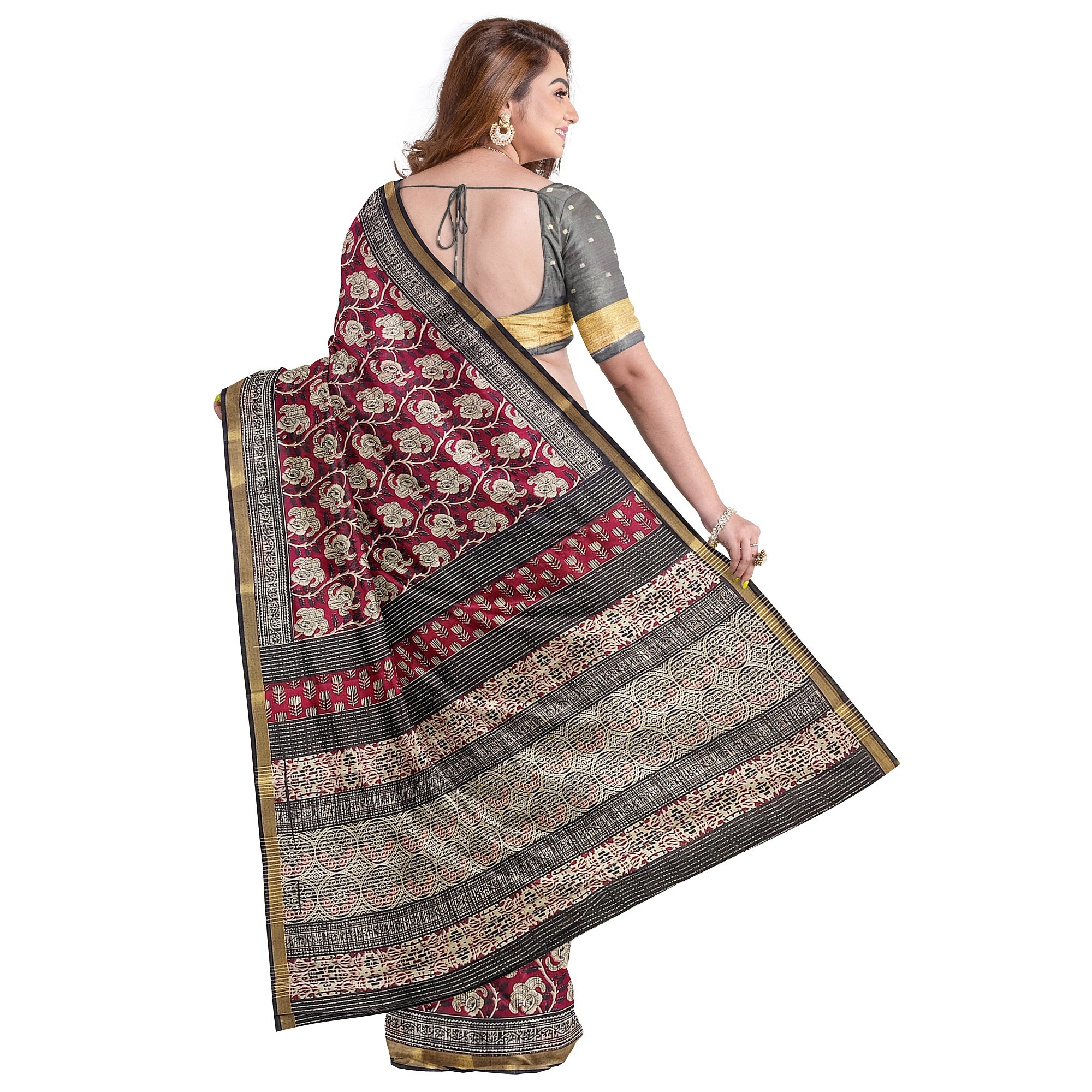Red Floral Lightweight Saree – Black Border – Shop Online