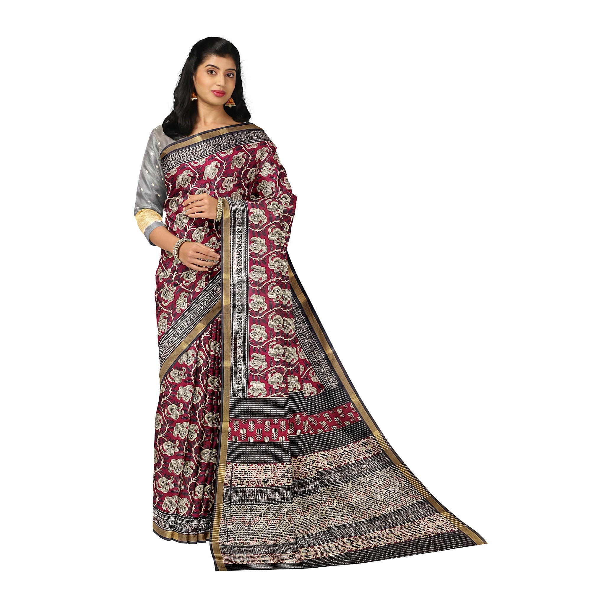 Red Floral Lightweight Saree – Black Border – Shop Online