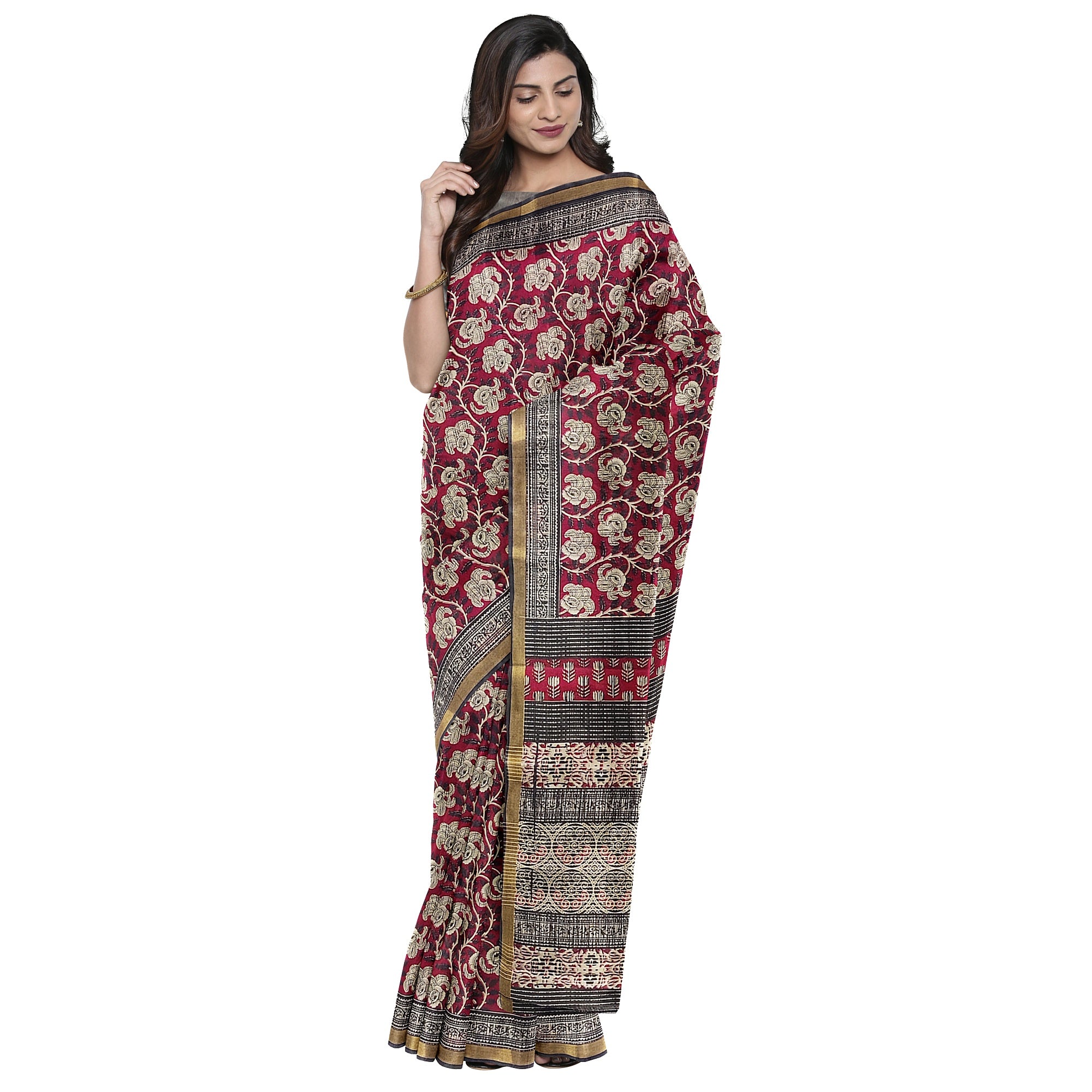 Red Floral Lightweight Saree – Black Border – Shop Online