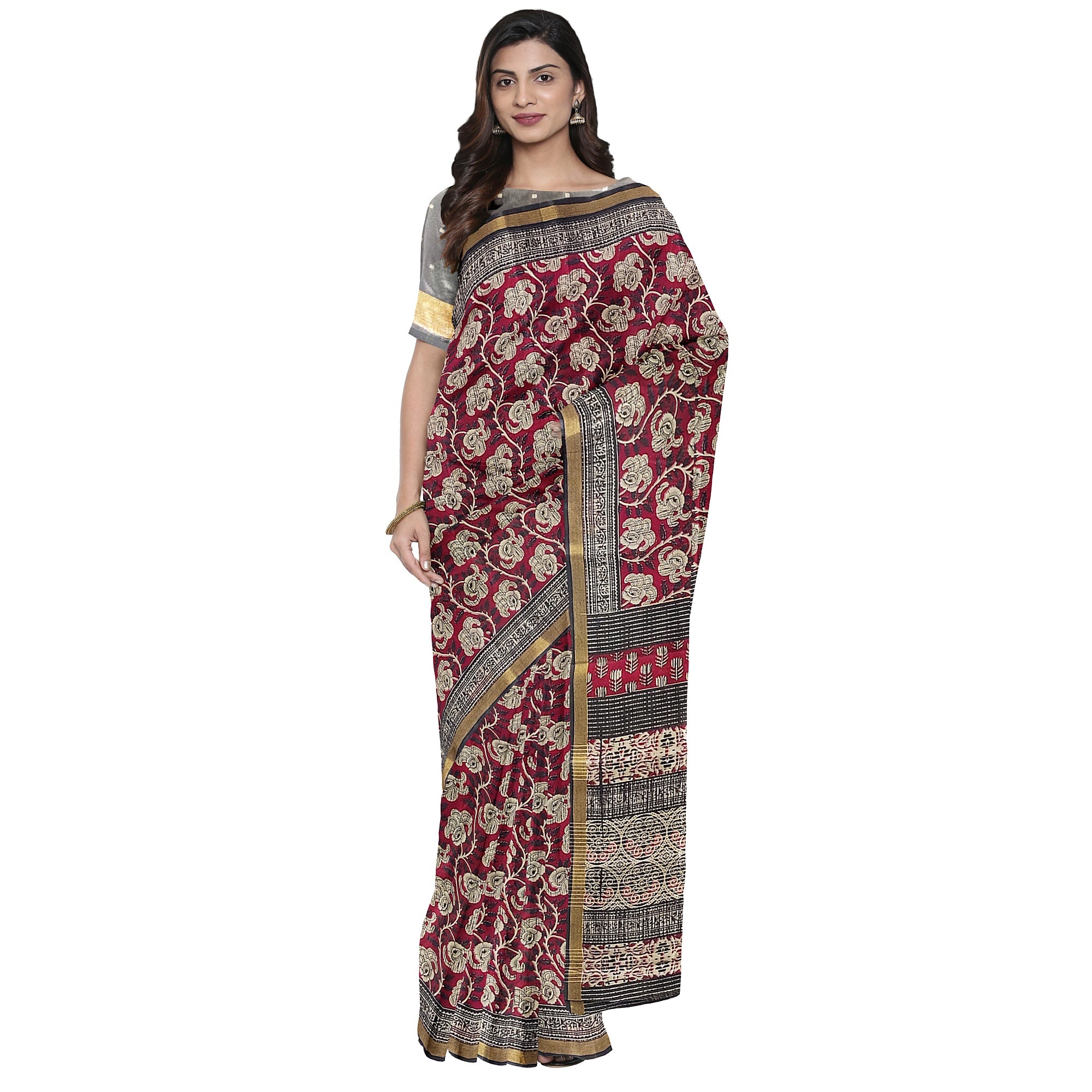Red Floral Lightweight Saree – Black Border – Shop Online