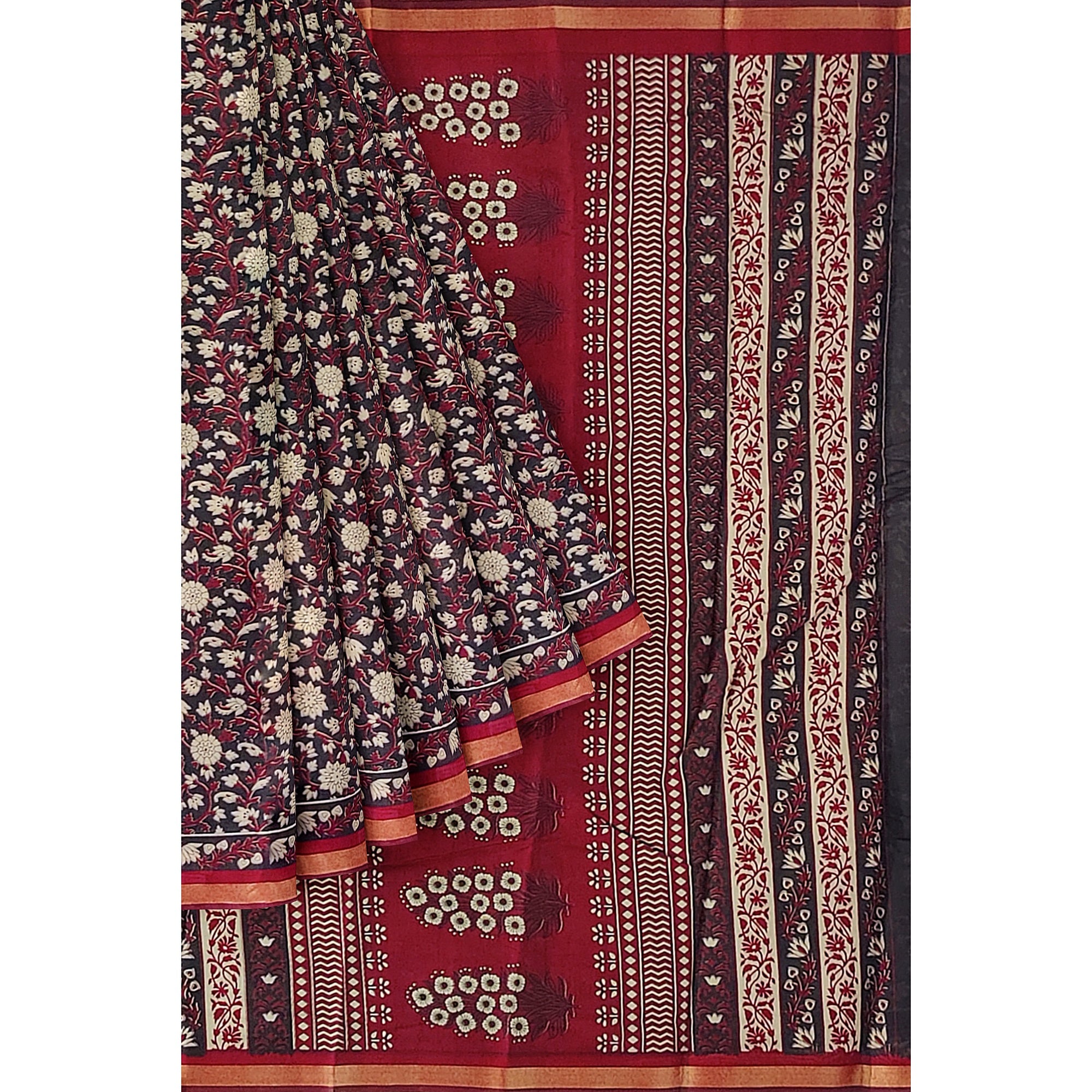 Black Printed Saree – Red Border – Shop Online