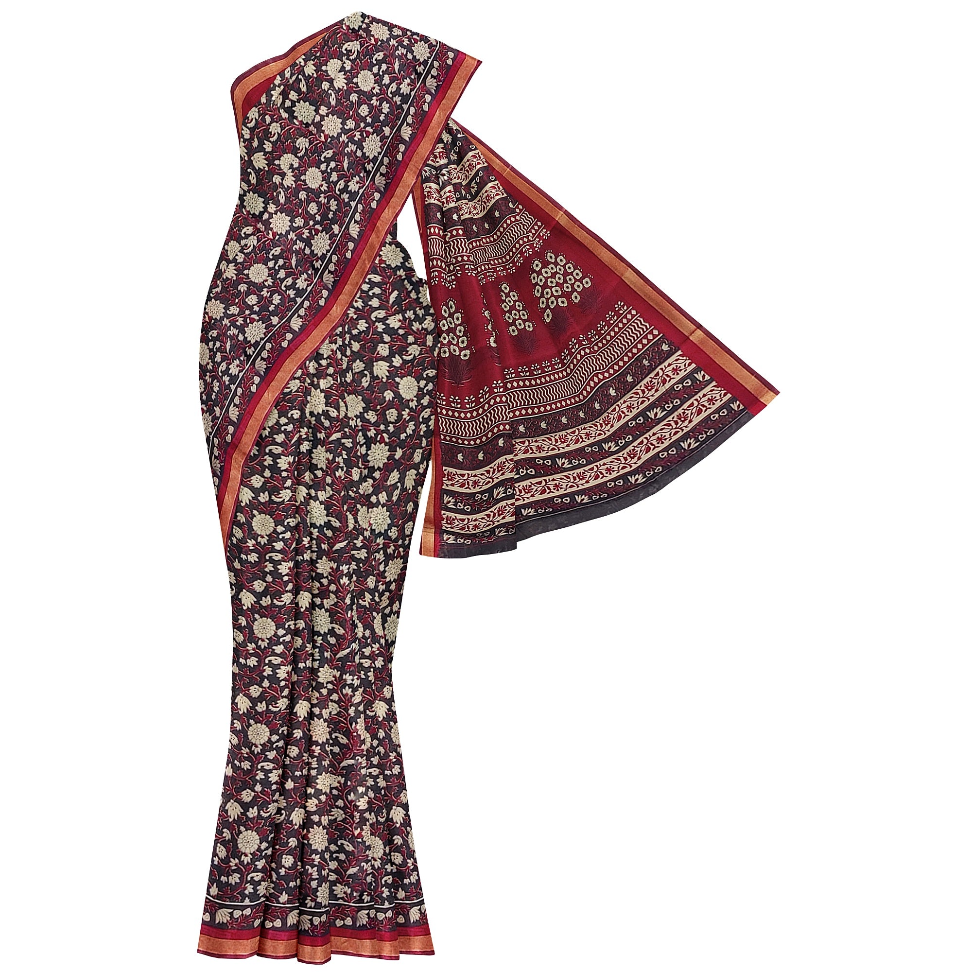 Black Printed Saree – Red Border – Shop Online