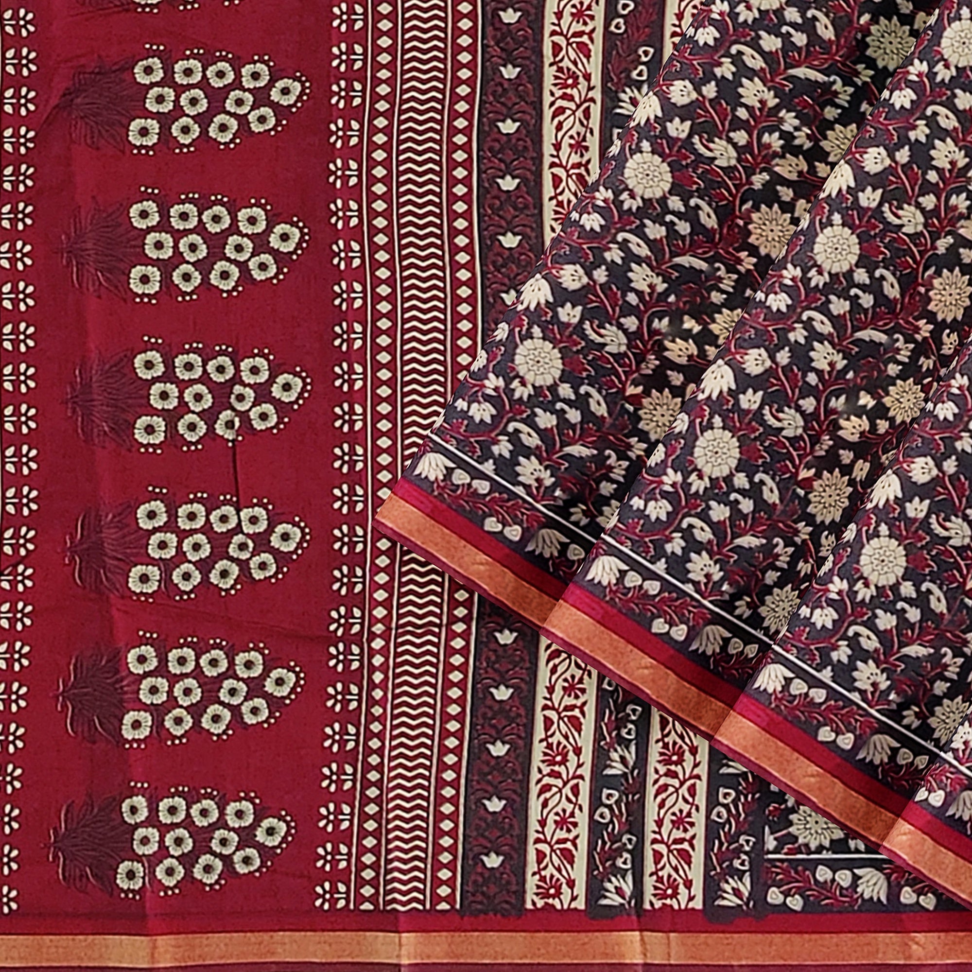 Black Printed Saree – Red Border – Shop Online