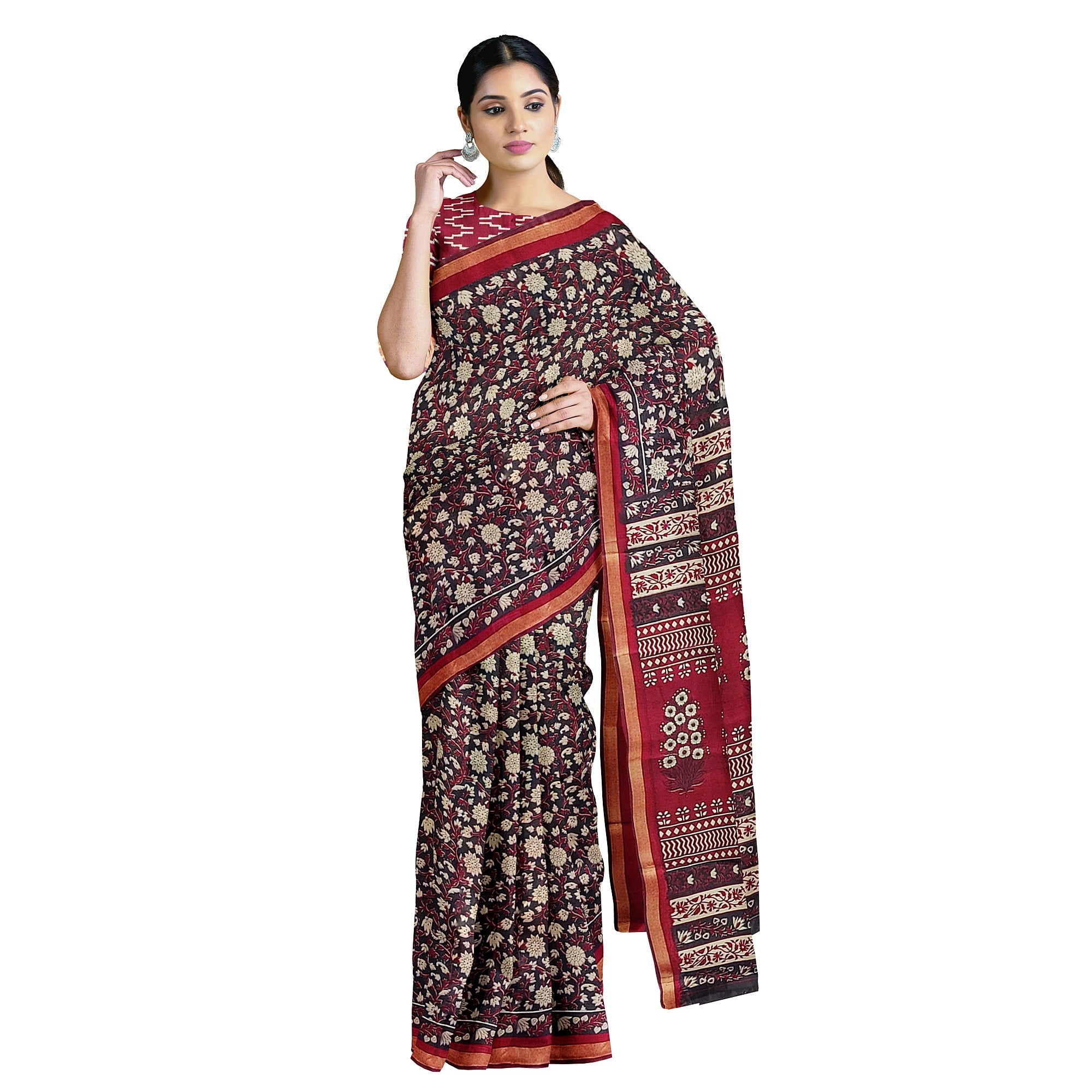 Black Printed Saree – Red Border – Shop Online