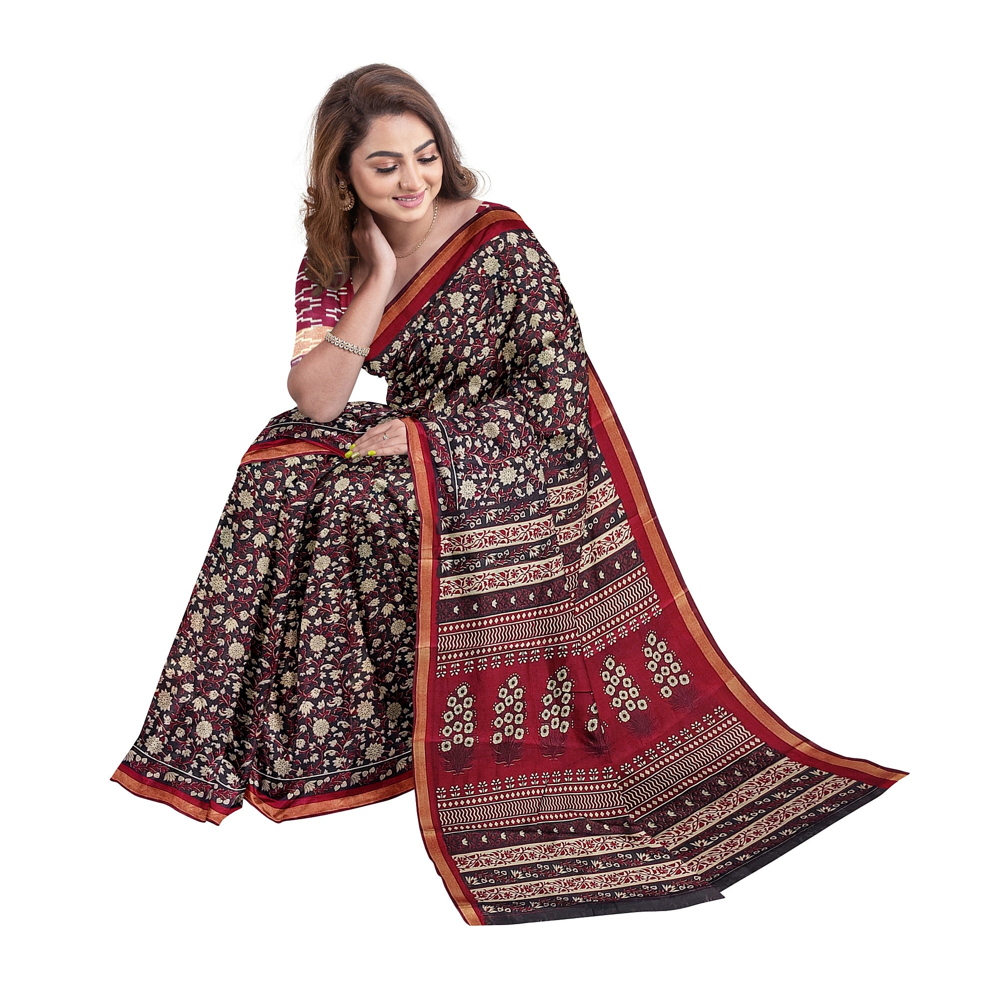 Black Printed Saree – Red Border – Shop Online