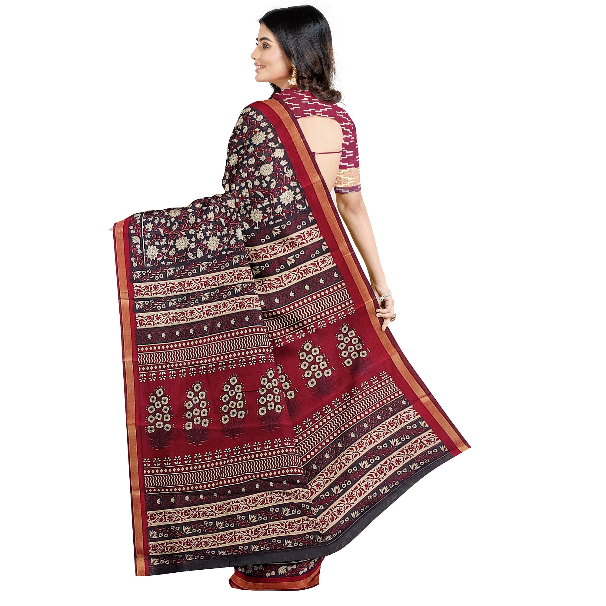 Black Printed Saree – Red Border – Shop Online